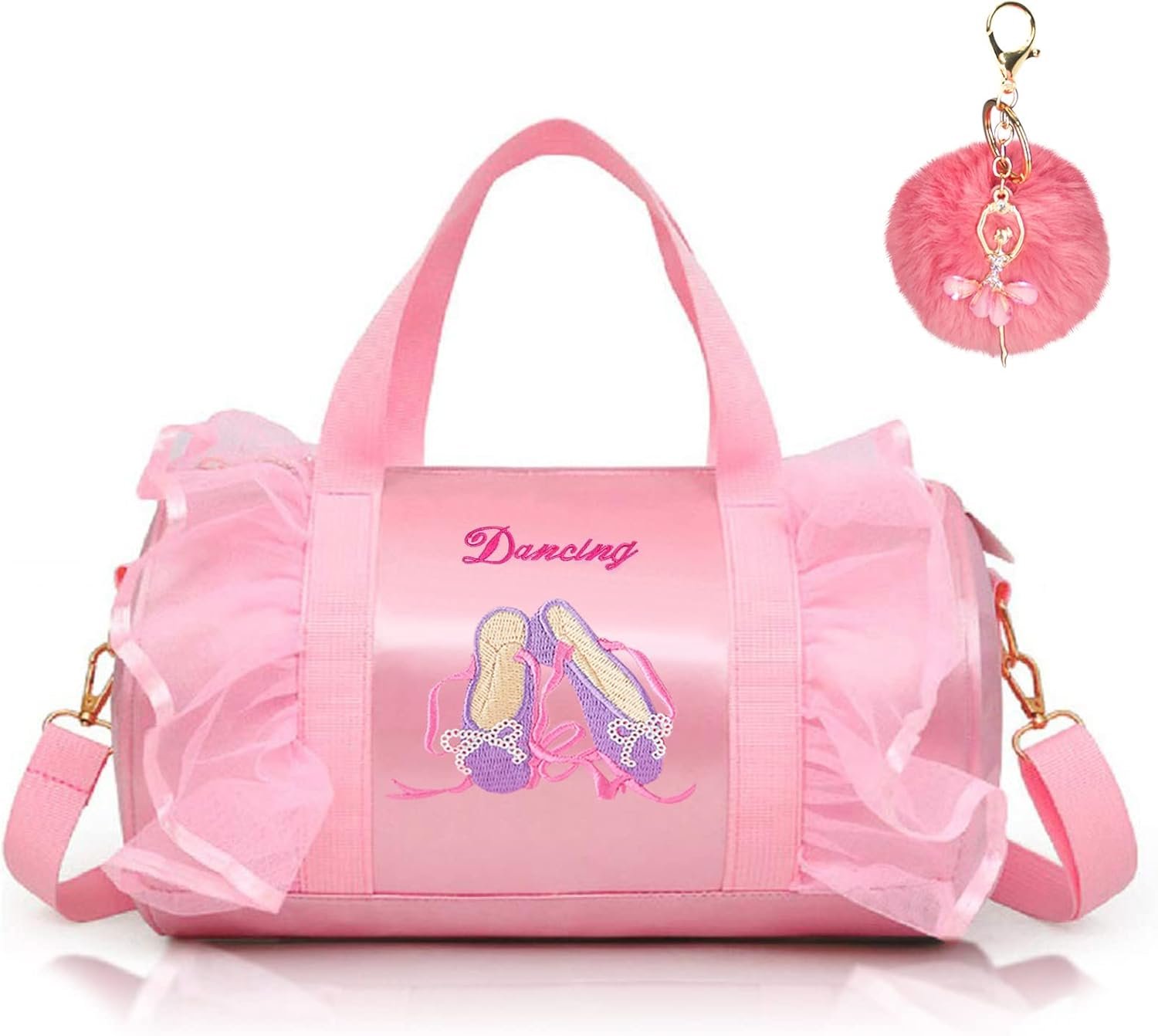 Custom Logo Embroidered Ballet Shoe Dance Bag Private Label Personalized Waterproof for Girls with Keychain and Pink Plush Ball Pink Factory