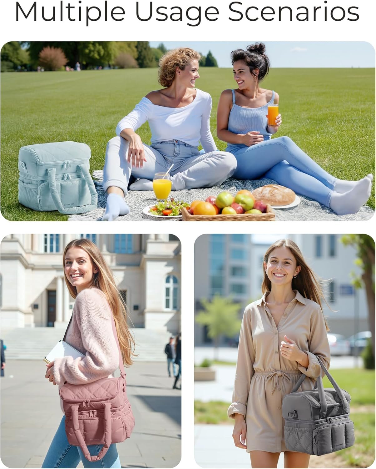 Private Label Double Deck Insulated Women's Lunch Bag, Custom Logo Quilted Puffer Lunch Tote, Leakproof Durable Reusable Large Lunch Cooler Manufacturer for Work Picnic Travel Meal Prep Black