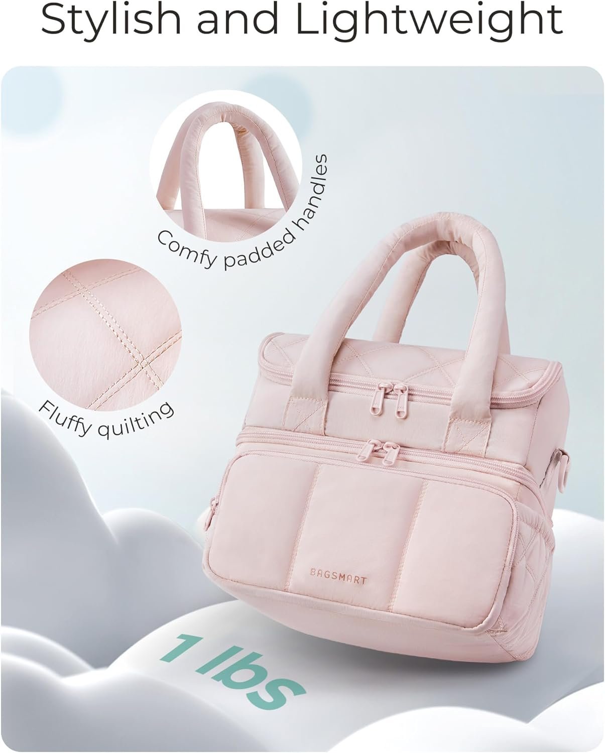 Private Label Double Deck Insulated Women's Lunch Bag, Custom Logo Quilted Puffer Lunch Tote, Leakproof Durable Reusable Large Lunch Cooler Manufacturer for Work Picnic Travel Meal Prep Black