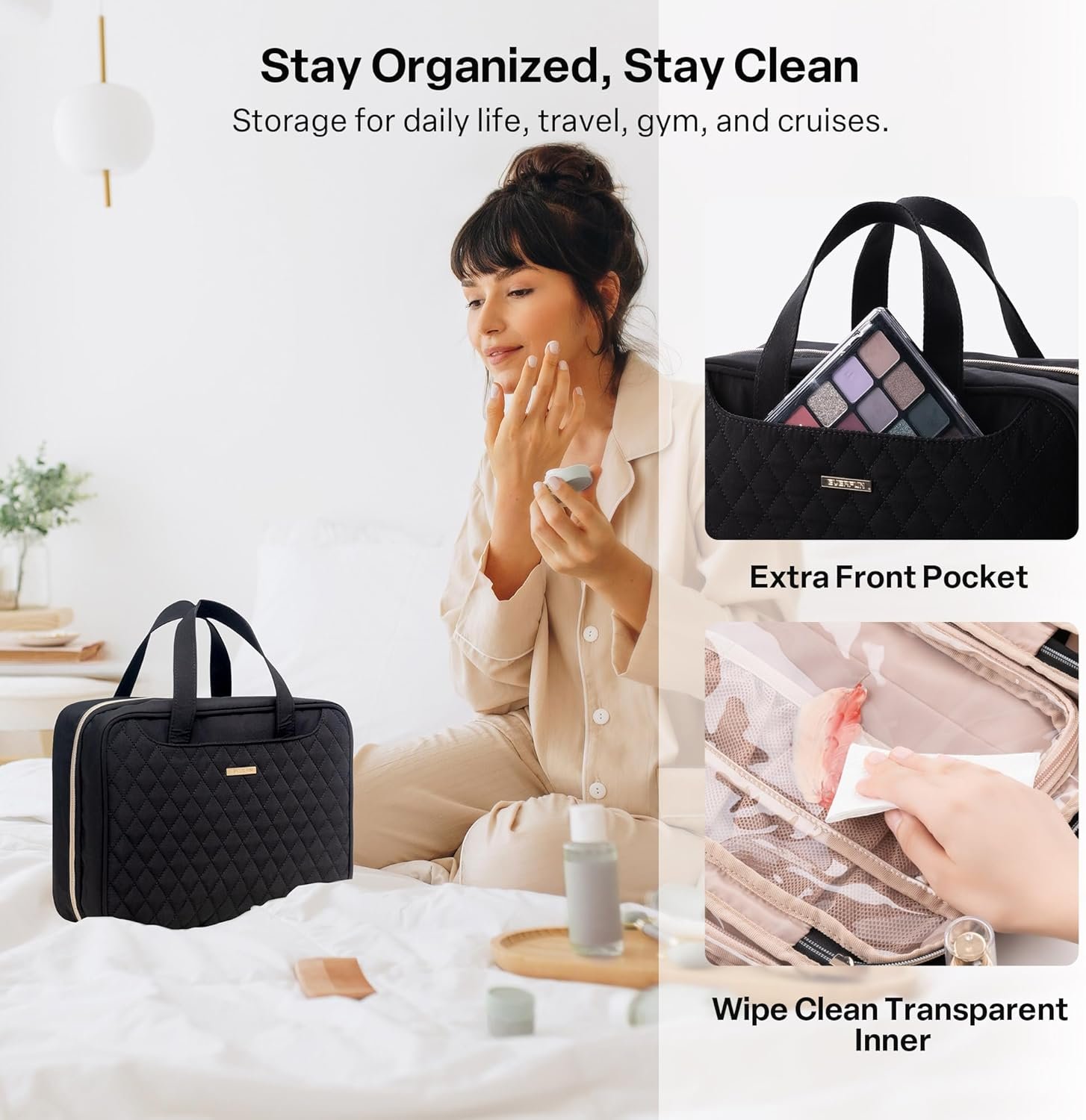 Private Label Hanging Toiletry Bag for Travel 12x9x4.5 Inch Large Capacity Cosmetic Organizer with Custom Logo Leakproof Wet/Dry Compartment Waterproof Dopp Kit for Women Black Manufacturer