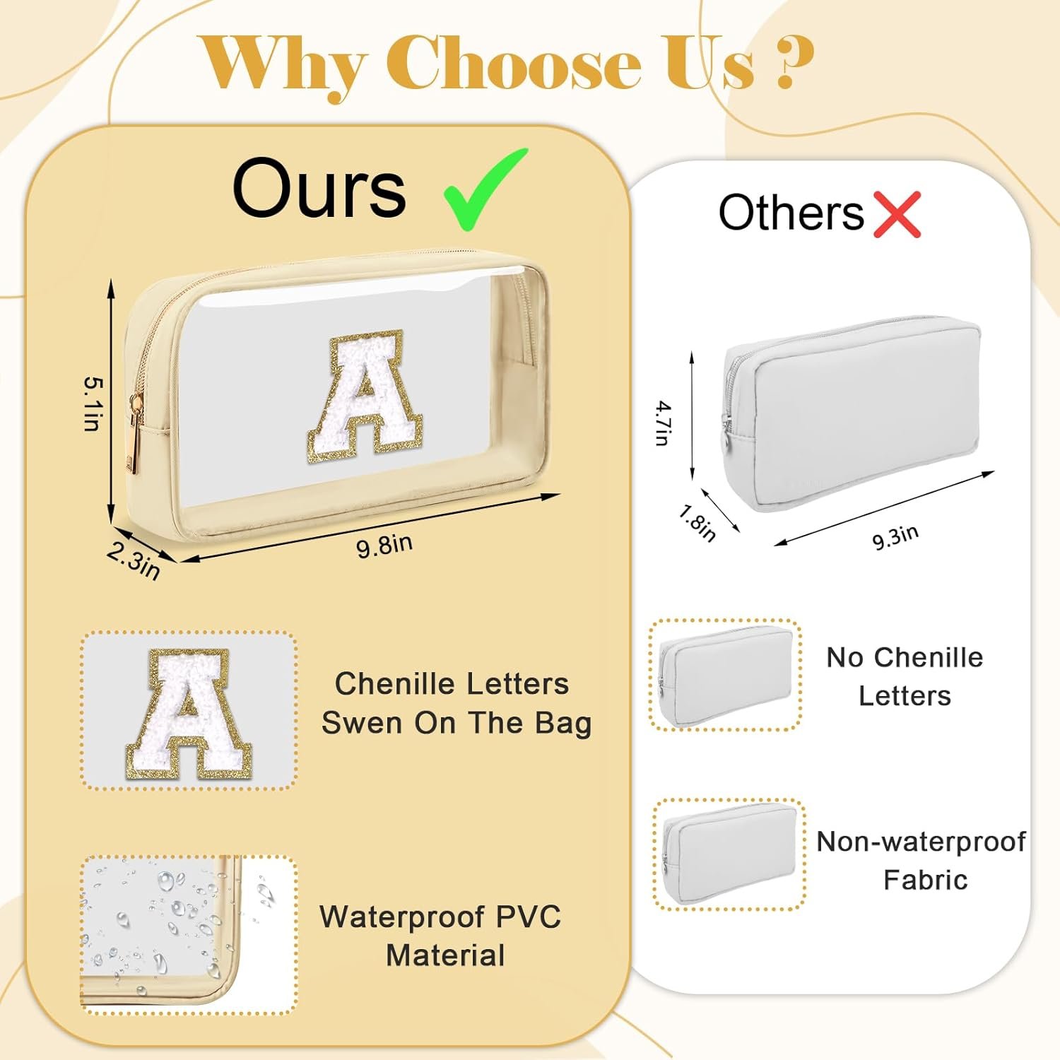 Custom Logo Personalized Initial Letter Clear Makeup Bag Preppy Small Nylon PVC Cosmetic Zipper Bag with Chenille Letter Portable Beach Travel Skincare Toiletry Bag Trendy Monogram Gift for Teen Girls Women Private Label Size M Factory