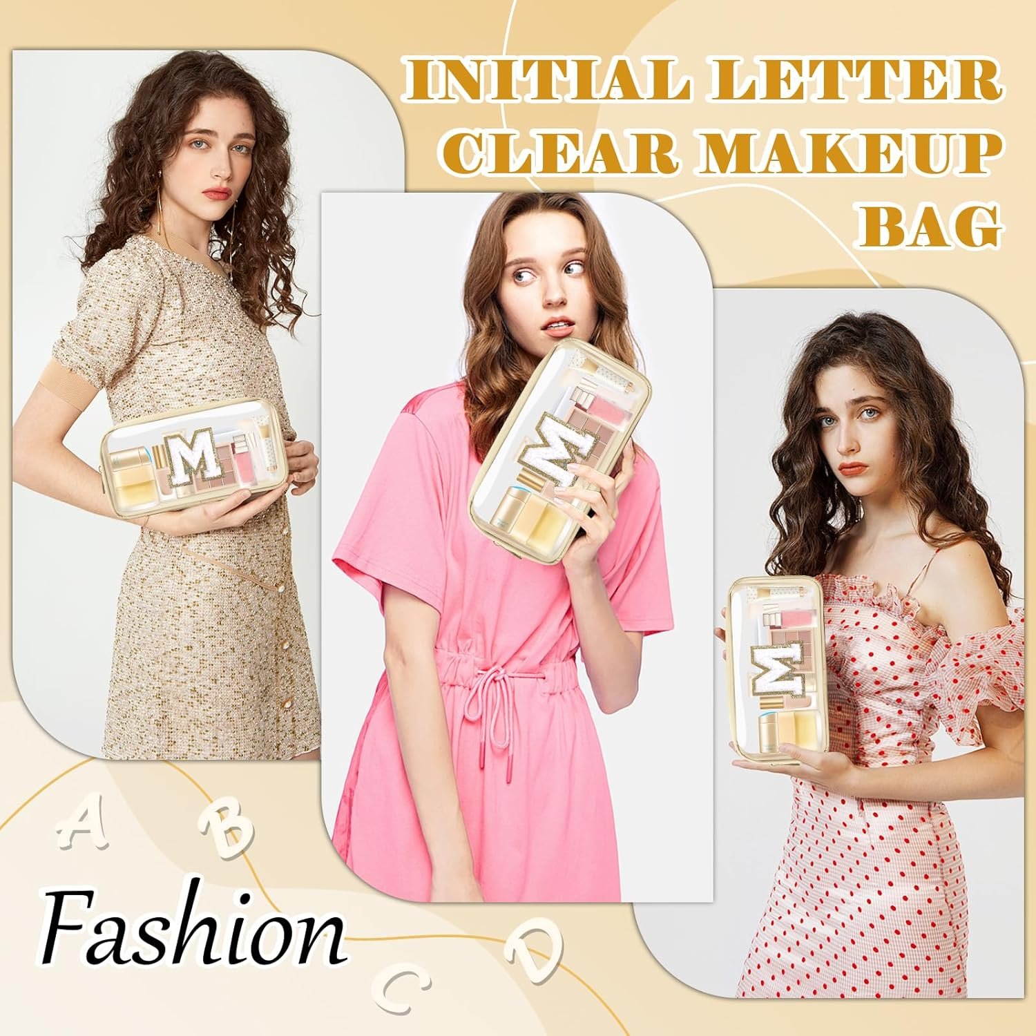 Custom Logo Personalized Initial Letter Clear Makeup Bag Preppy Small Nylon PVC Cosmetic Zipper Bag with Chenille Letter Portable Beach Travel Skincare Toiletry Bag Trendy Monogram Gift for Teen Girls Women Private Label Size M Factory