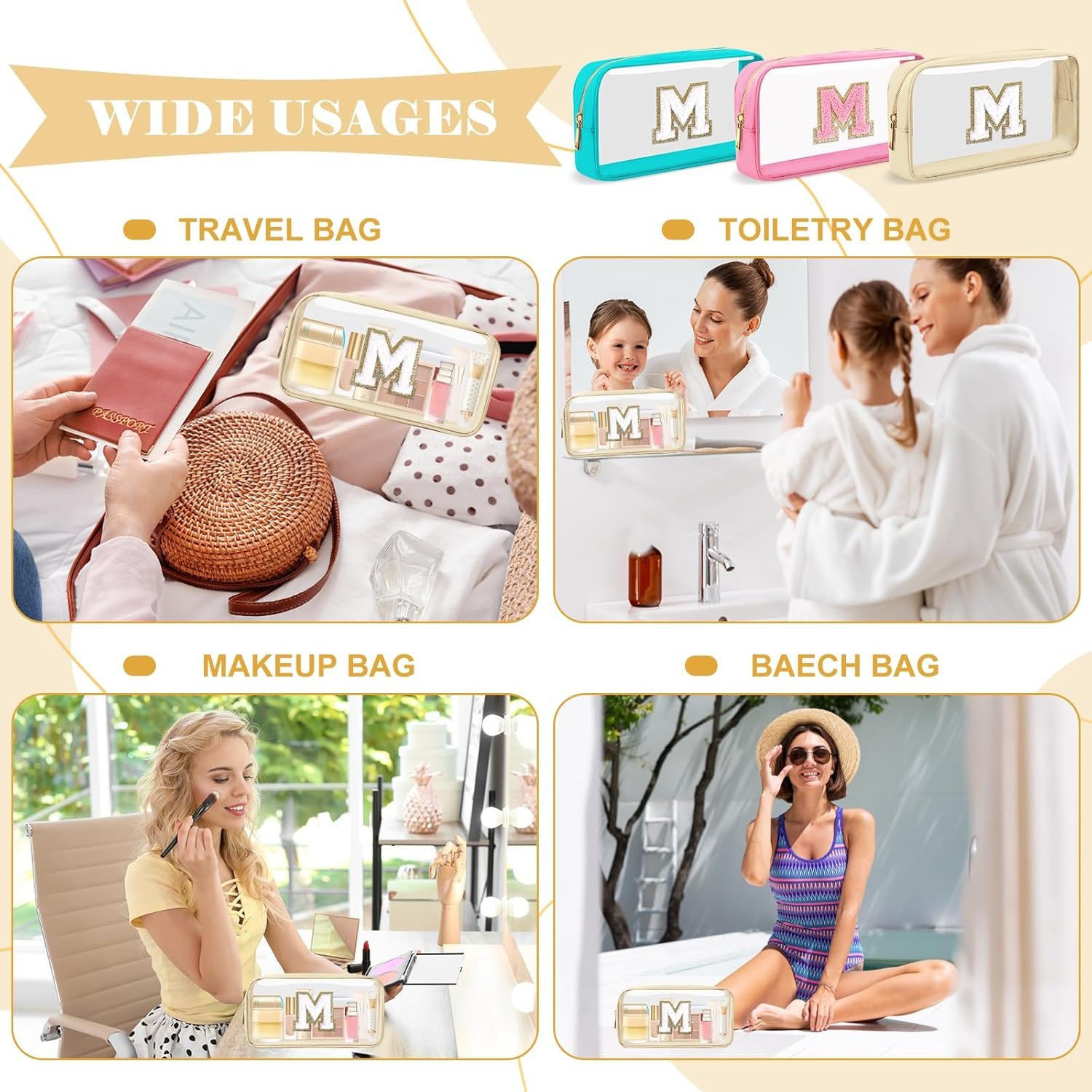 Custom Logo Personalized Initial Letter Clear Makeup Bag Preppy Small Nylon PVC Cosmetic Zipper Bag with Chenille Letter Portable Beach Travel Skincare Toiletry Bag Trendy Monogram Gift for Teen Girls Women Private Label Size M Factory