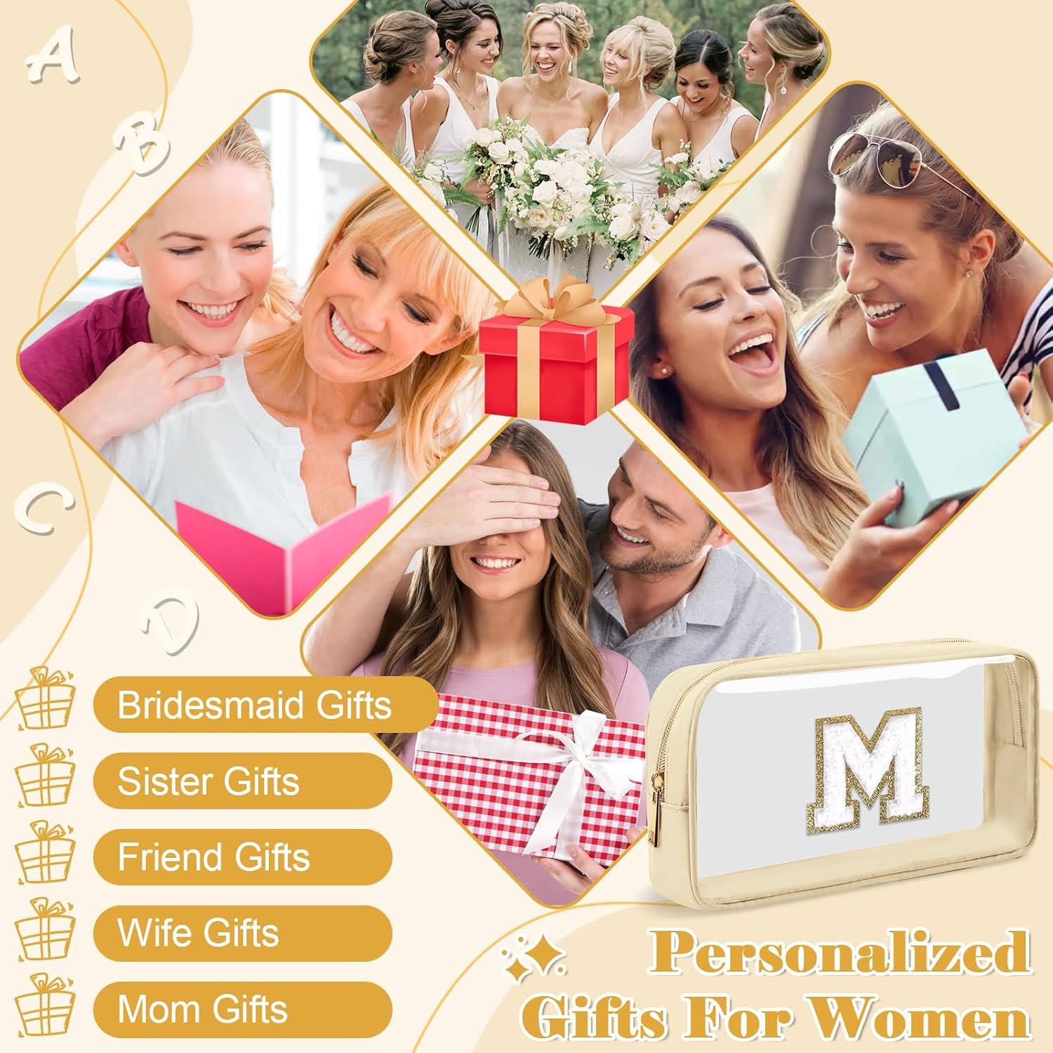 Custom Logo Personalized Initial Letter Clear Makeup Bag Preppy Small Nylon PVC Cosmetic Zipper Bag with Chenille Letter Portable Beach Travel Skincare Toiletry Bag Trendy Monogram Gift for Teen Girls Women Private Label Size M Factory