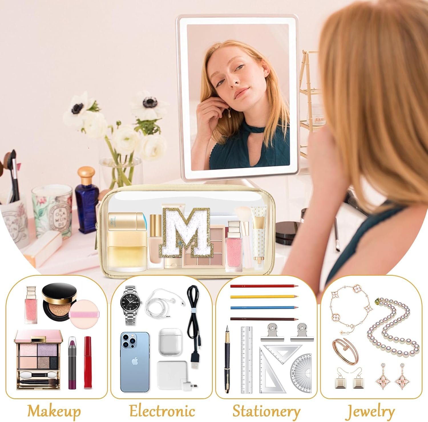 Custom Logo Personalized Initial Letter Clear Makeup Bag Preppy Small Nylon PVC Cosmetic Zipper Bag with Chenille Letter Portable Beach Travel Skincare Toiletry Bag Trendy Monogram Gift for Teen Girls Women Private Label Size M Factory