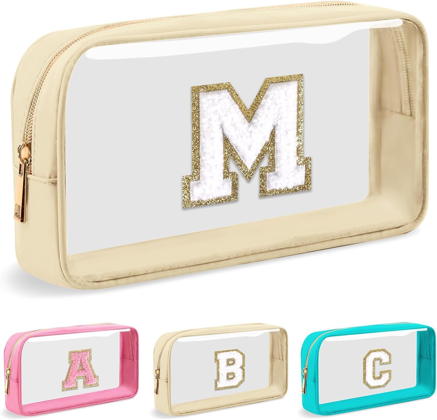 Custom Logo Personalized Initial Letter Clear Makeup Bag Preppy Small Nylon PVC Cosmetic Zipper Bag with Chenille Letter Portable Beach Travel Skincare Toiletry Bag Trendy Monogram Gift for Teen Girls Women Private Label Size M Factory