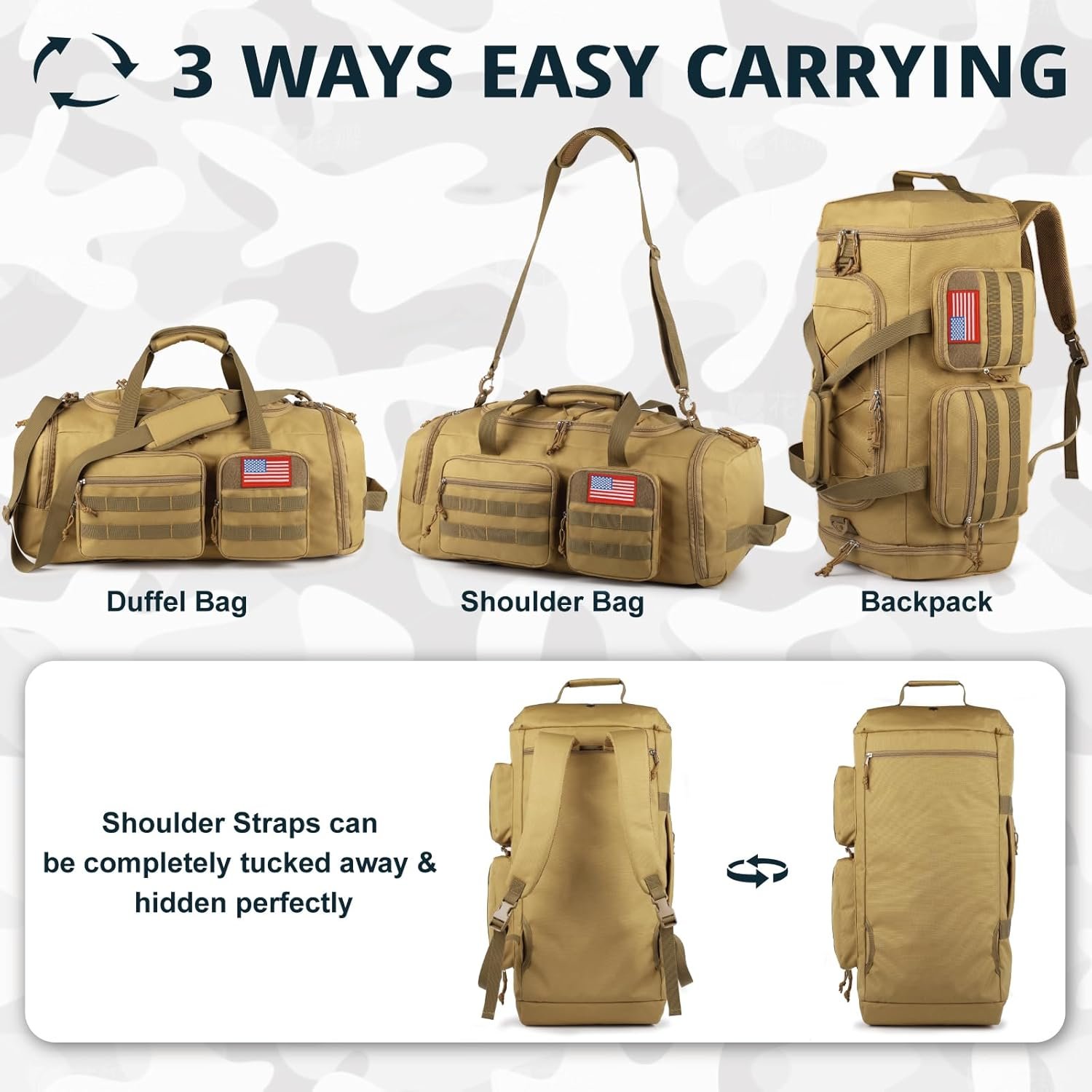 Custom Logo 50L Tactical Gym Duffle Bag with Shoe Compartment - Private Label 3-in-1 Water Resistant Weekender Overnight Sports Bag with Wet Pocket - Factory