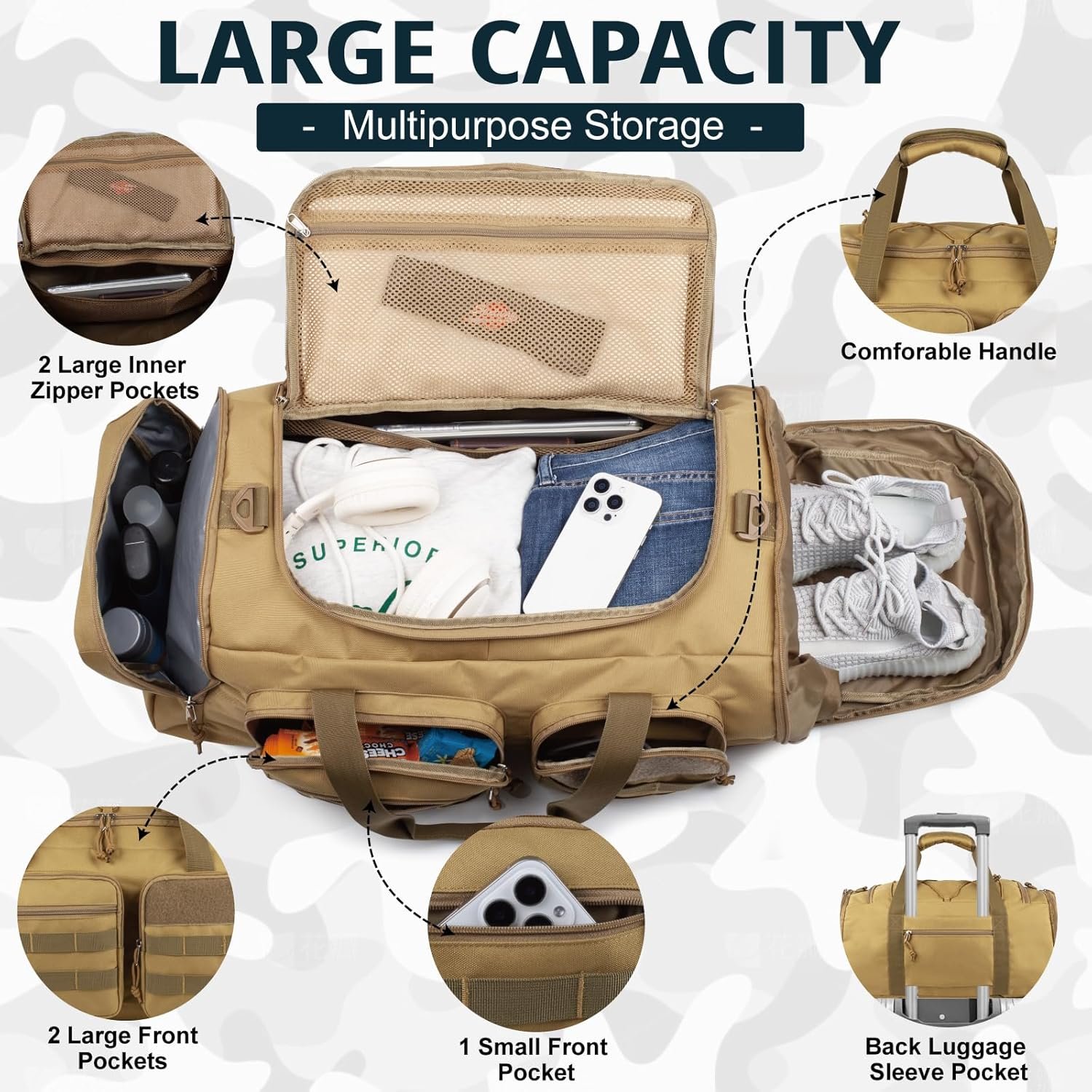Custom Logo 50L Tactical Gym Duffle Bag with Shoe Compartment - Private Label 3-in-1 Water Resistant Weekender Overnight Sports Bag with Wet Pocket - Factory