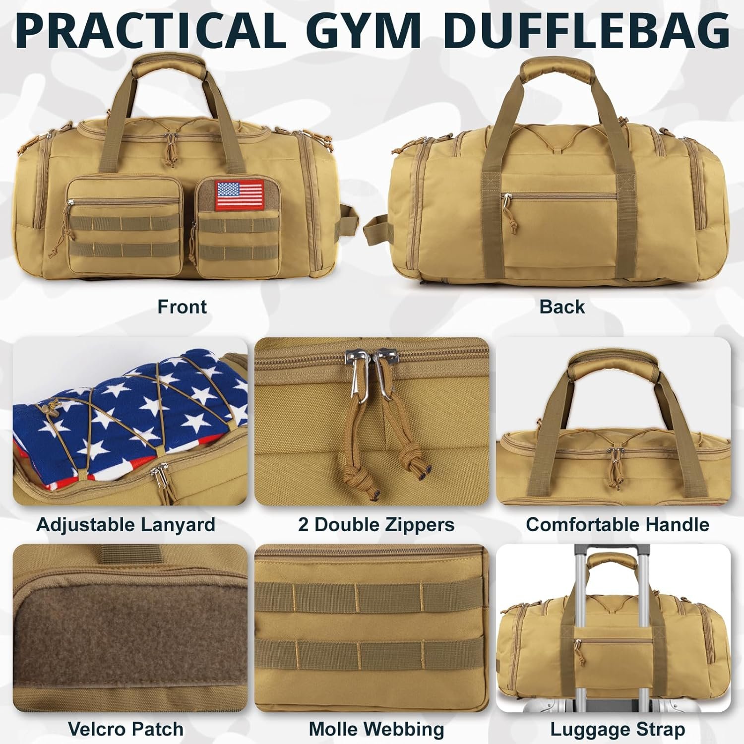 Custom Logo 50L Tactical Gym Duffle Bag with Shoe Compartment - Private Label 3-in-1 Water Resistant Weekender Overnight Sports Bag with Wet Pocket - Factory