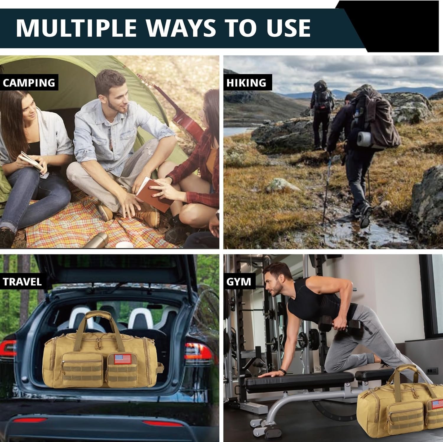 Custom Logo 50L Tactical Gym Duffle Bag with Shoe Compartment - Private Label 3-in-1 Water Resistant Weekender Overnight Sports Bag with Wet Pocket - Factory