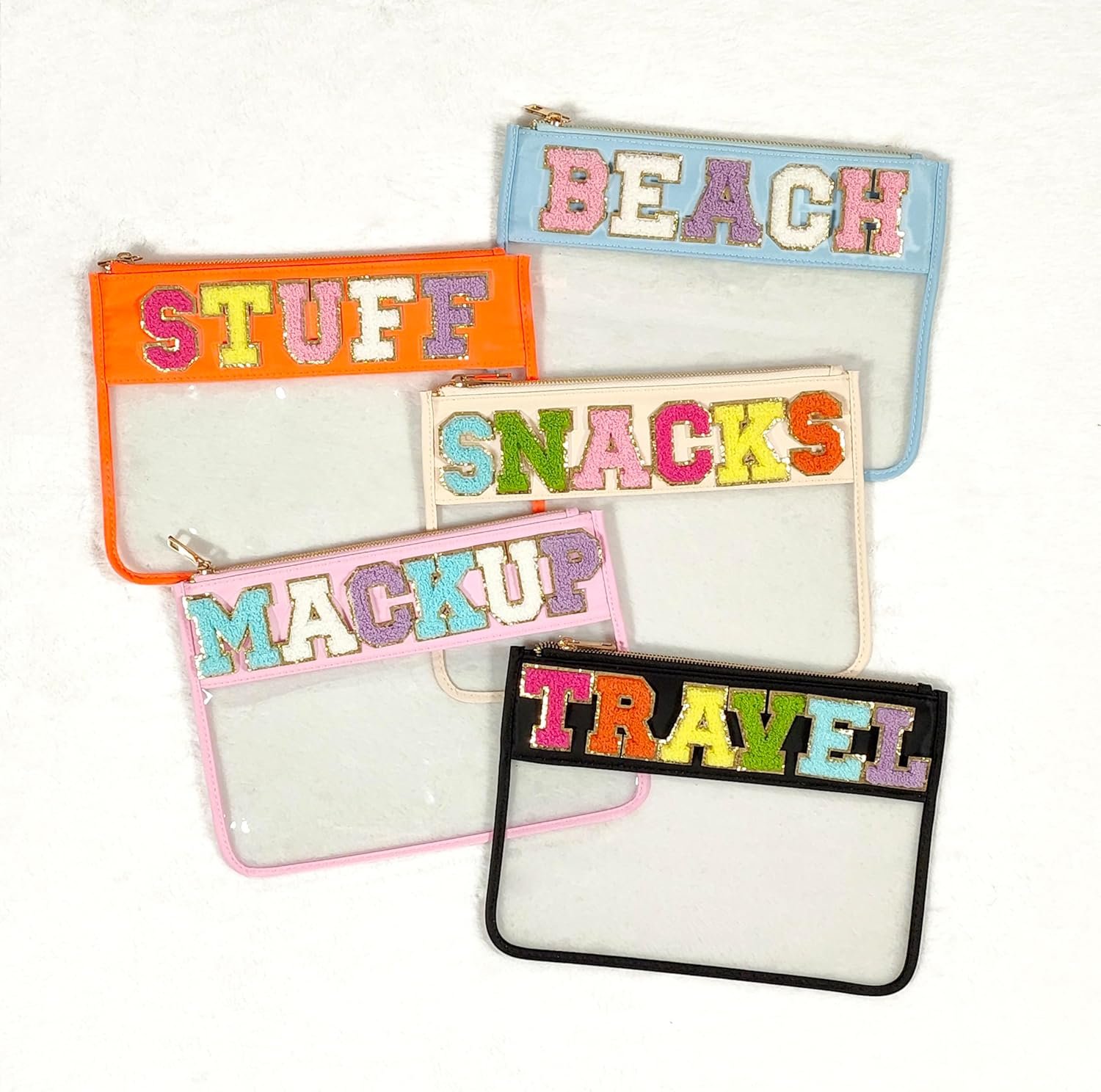 Custom Logo Clear Nylon Zip Pouch Patches Bag Makeup Snacks Cosmetic Travel Toiletry Organizer Private Label SPF Flat Customizable Chenille Manufacturer