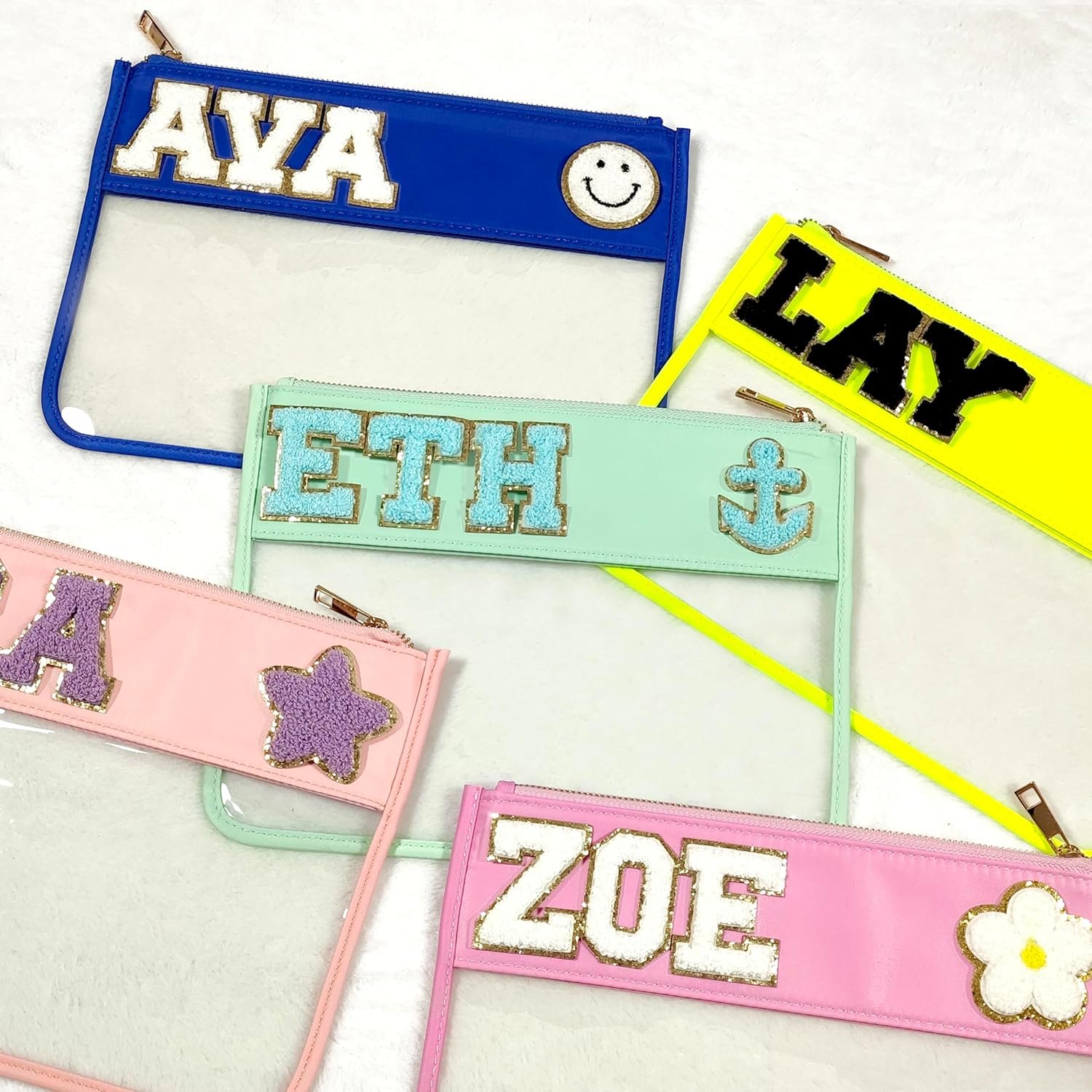 Custom Logo Clear Nylon Zip Pouch Patches Bag Makeup Snacks Cosmetic Travel Toiletry Organizer Private Label SPF Flat Customizable Chenille Manufacturer