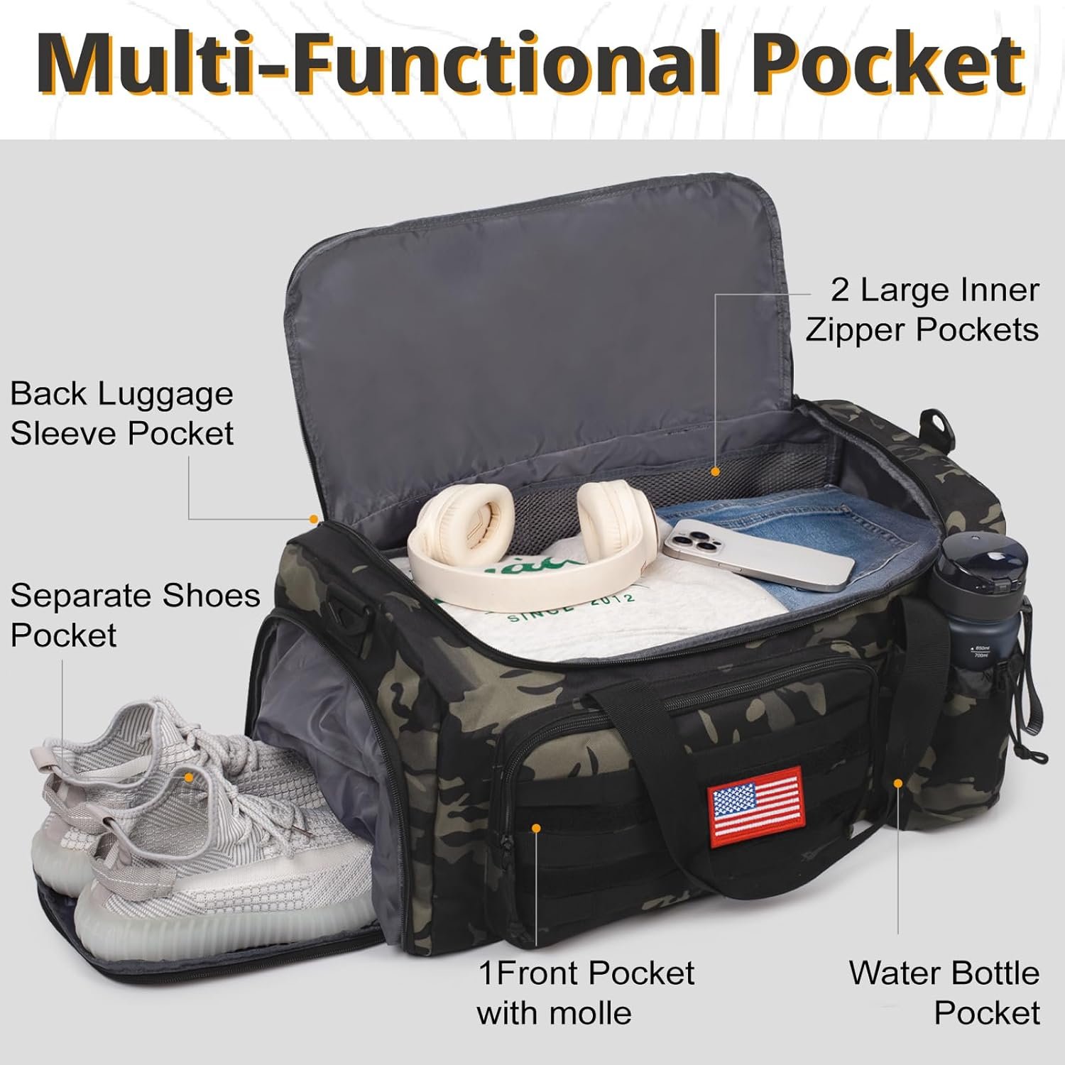 Custom Logo 40L Tactical Gym Duffle Bag for Men with Shoe Compartment and Wet Pocket, Private Label Multi-Functional Sports Weekend Bag for Travel Camping Hiking Manufacturer