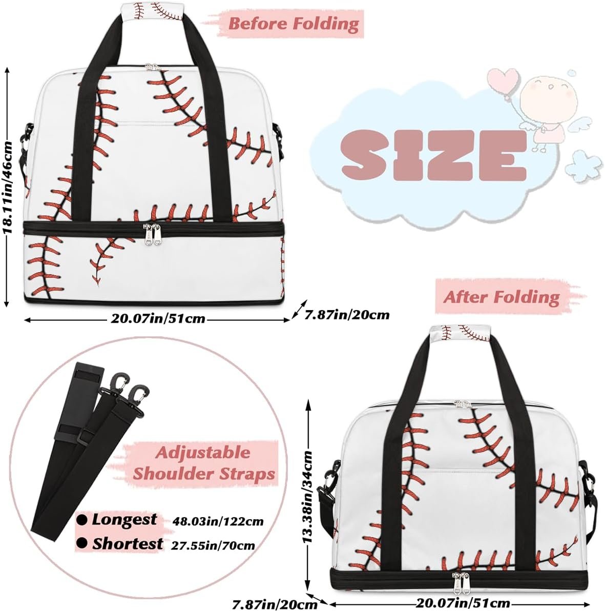 Private Label Large Red Baseball Sports Weekender Duffel Gym Bag with Shoe Compartment - Custom Logo Travel Tote Carry-On Overnight Personal Item for Women Men Boys - Factory Direct