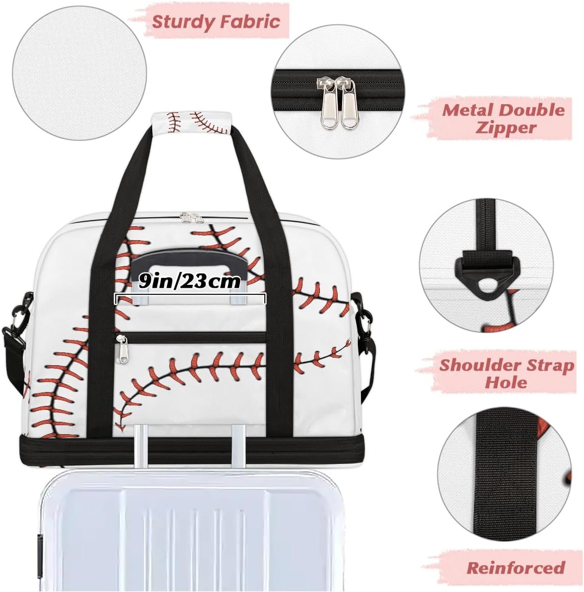 Private Label Large Red Baseball Sports Weekender Duffel Gym Bag with Shoe Compartment - Custom Logo Travel Tote Carry-On Overnight Personal Item for Women Men Boys - Factory Direct