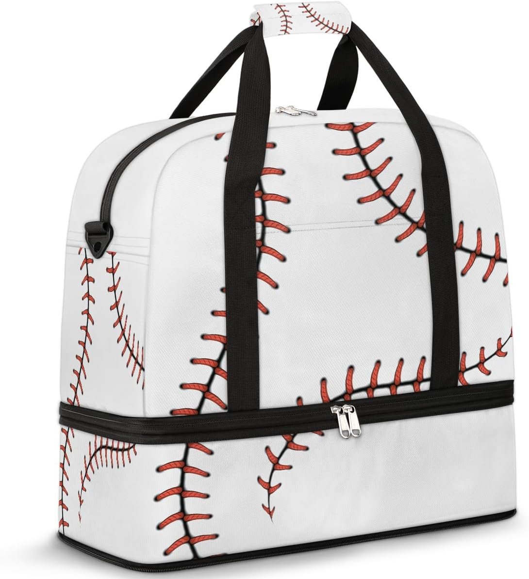 Private Label Large Red Baseball Sports Weekender Duffel Gym Bag with Shoe Compartment - Custom Logo Travel Tote Carry-On Overnight Personal Item for Women Men Boys - Factory Direct