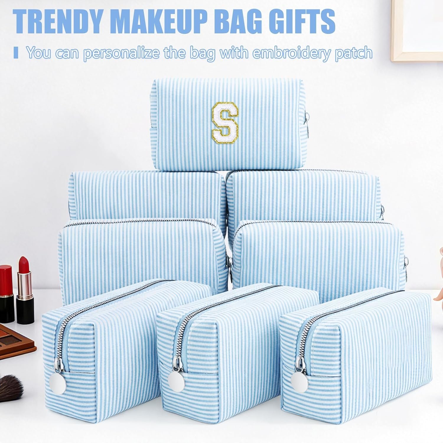Custom Logo 8 Pcs Seersucker Striped Makeup Cosmetic Bags Private Label Bulk Organizer for Women Preppy Travel Toiletry Pouch Wedding Bridesmaid Gifts Blue Medium Factory