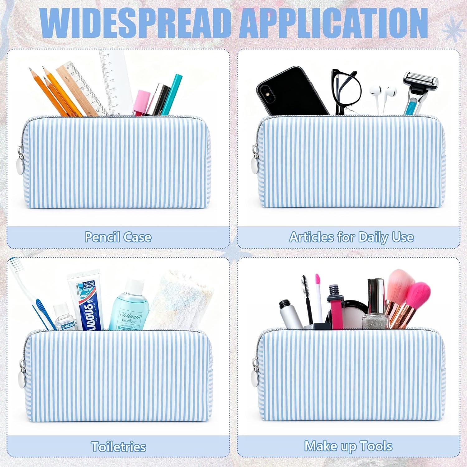Custom Logo 8 Pcs Seersucker Striped Makeup Cosmetic Bags Private Label Bulk Organizer for Women Preppy Travel Toiletry Pouch Wedding Bridesmaid Gifts Blue Medium Factory