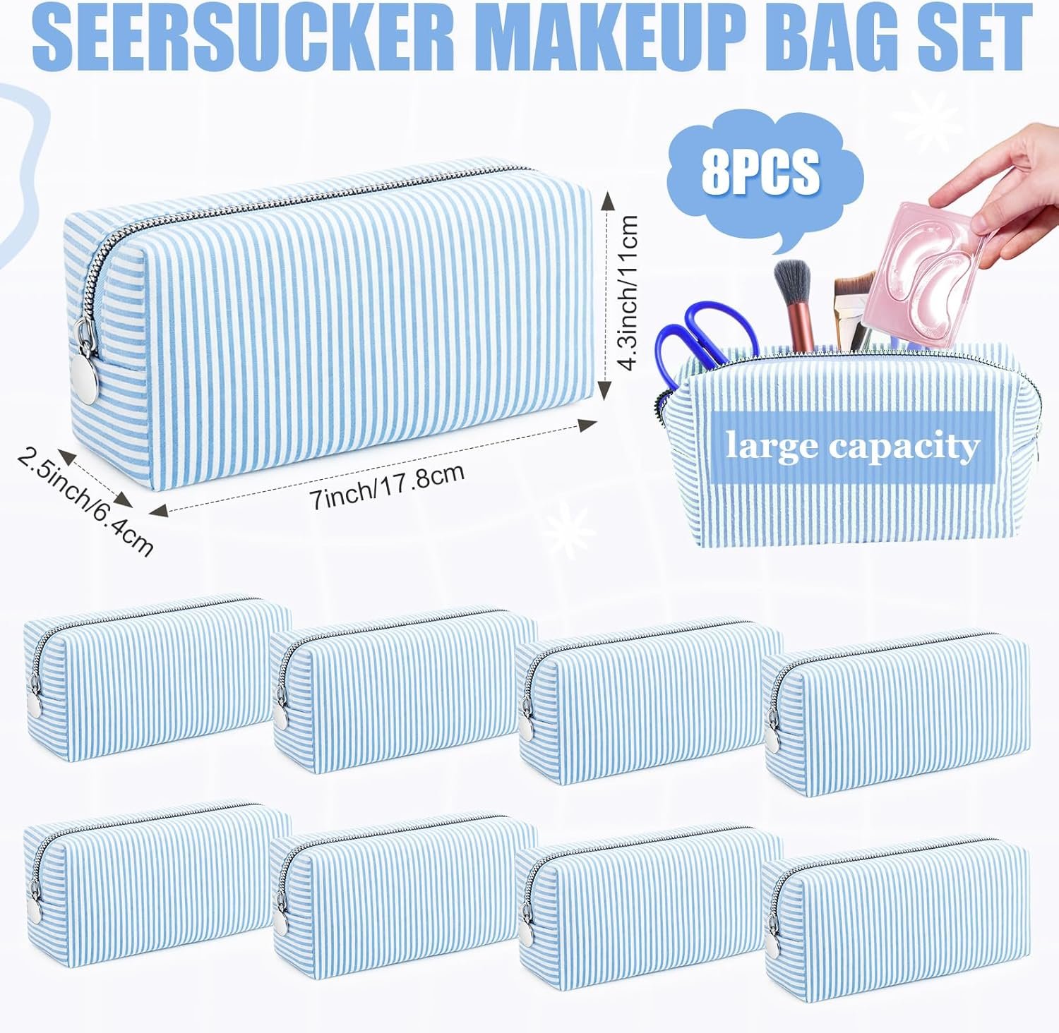 Custom Logo 8 Pcs Seersucker Striped Makeup Cosmetic Bags Private Label Bulk Organizer for Women Preppy Travel Toiletry Pouch Wedding Bridesmaid Gifts Blue Medium Factory