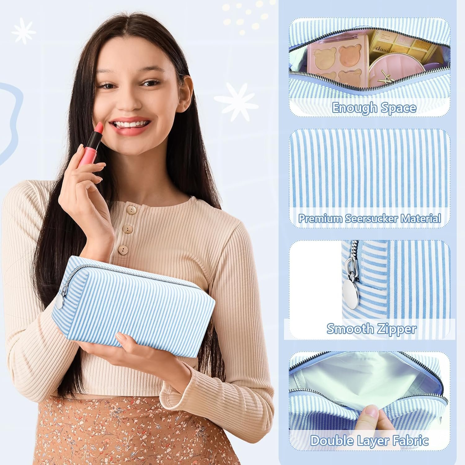 Custom Logo 8 Pcs Seersucker Striped Makeup Cosmetic Bags Private Label Bulk Organizer for Women Preppy Travel Toiletry Pouch Wedding Bridesmaid Gifts Blue Medium Factory