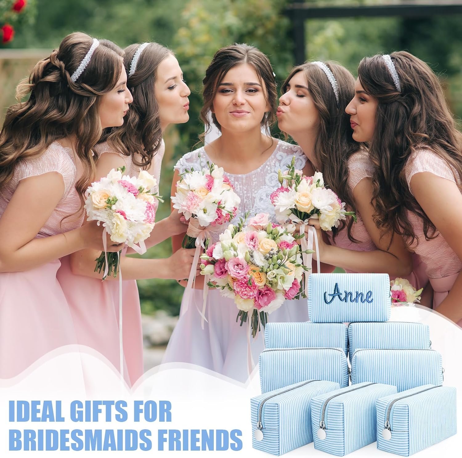 Custom Logo 8 Pcs Seersucker Striped Makeup Cosmetic Bags Private Label Bulk Organizer for Women Preppy Travel Toiletry Pouch Wedding Bridesmaid Gifts Blue Medium Factory