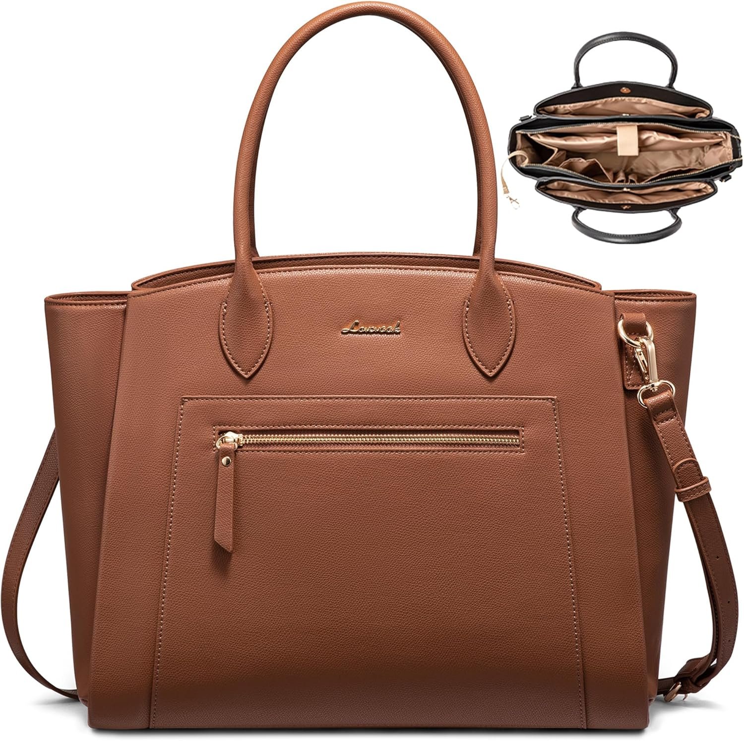 Private Label 15.6 Inch Womens Laptop Tote Bag with Custom Logo Large Capacity Vegan Leather Work Briefcase Purse Multiple Pockets and Large Bottle Holder Business Computer Bag for Teachers Brown by Manufacturer