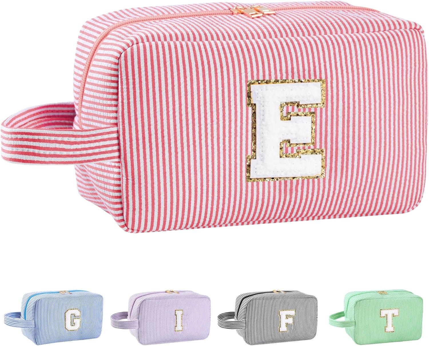 Custom Logo Personalized Initial Makeup Bag A-Z Preppy Cosmetic Toiletry Bag for Women Private Label Easter Birthday Gifts for Kids Teen Girls Teachers Pink E Factory