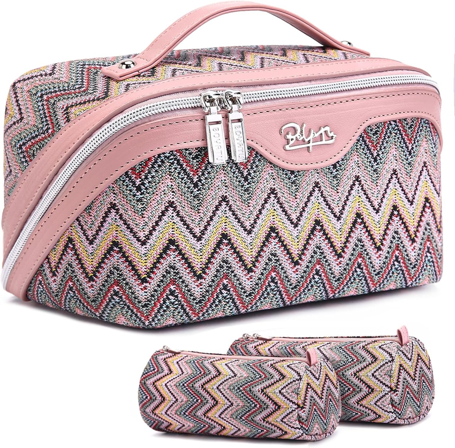 Custom Logo Travel Makeup Bag for Women Western Boho Set of 3 - Private Label Large Capacity Vegan Leather Cosmetic Bag - Waterproof Toiletry Bag with Compartments Handle Divider Manufacturer (J-1-Pink)