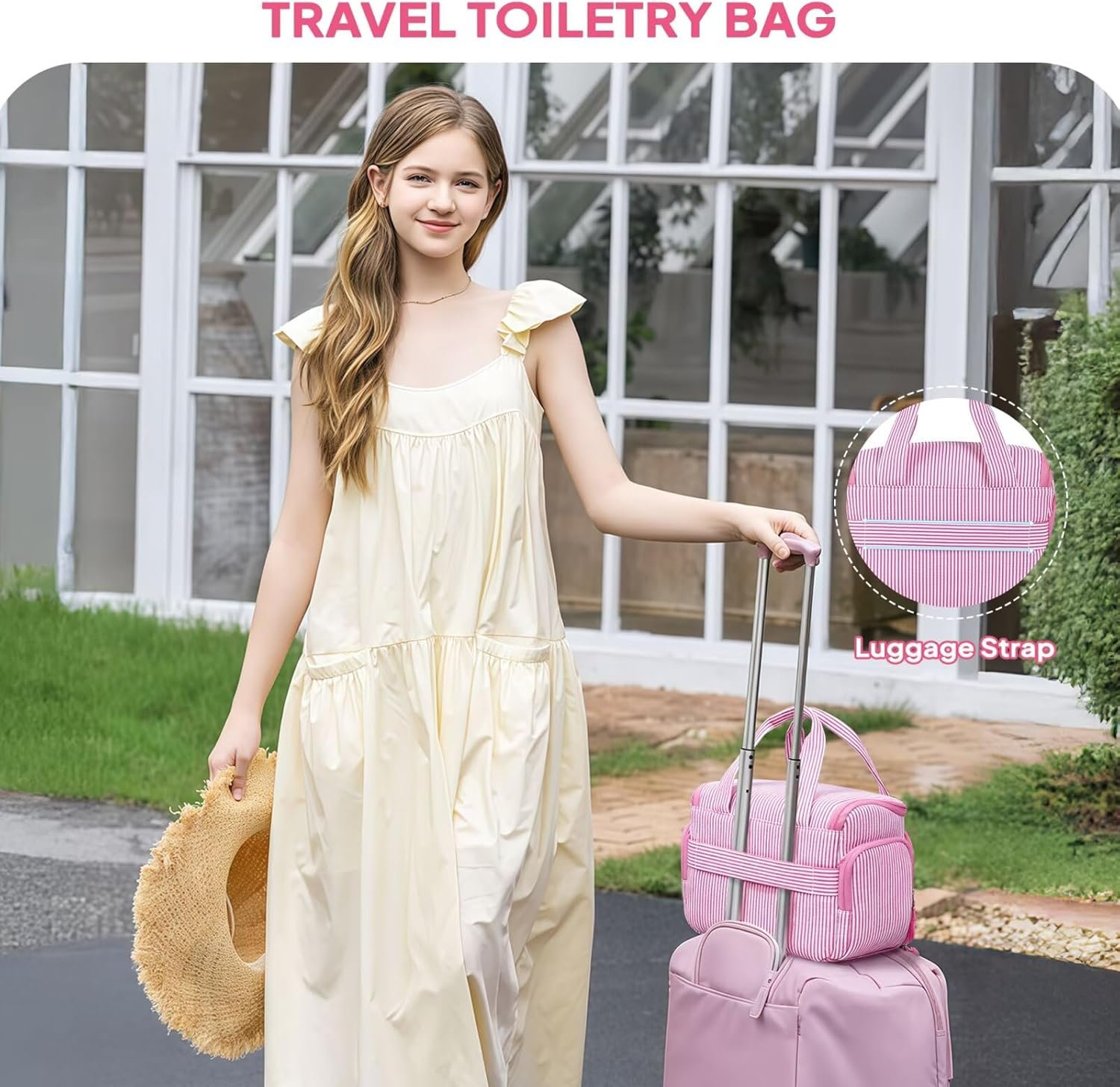 Custom Logo Initial Hanging Travel Toiletry Bag for Women Teen Girls Pink (A), Private Label Easter Birthday Gifts for 10 11 12 13 14 15 16 17 Year Old Girls, Factory Direct