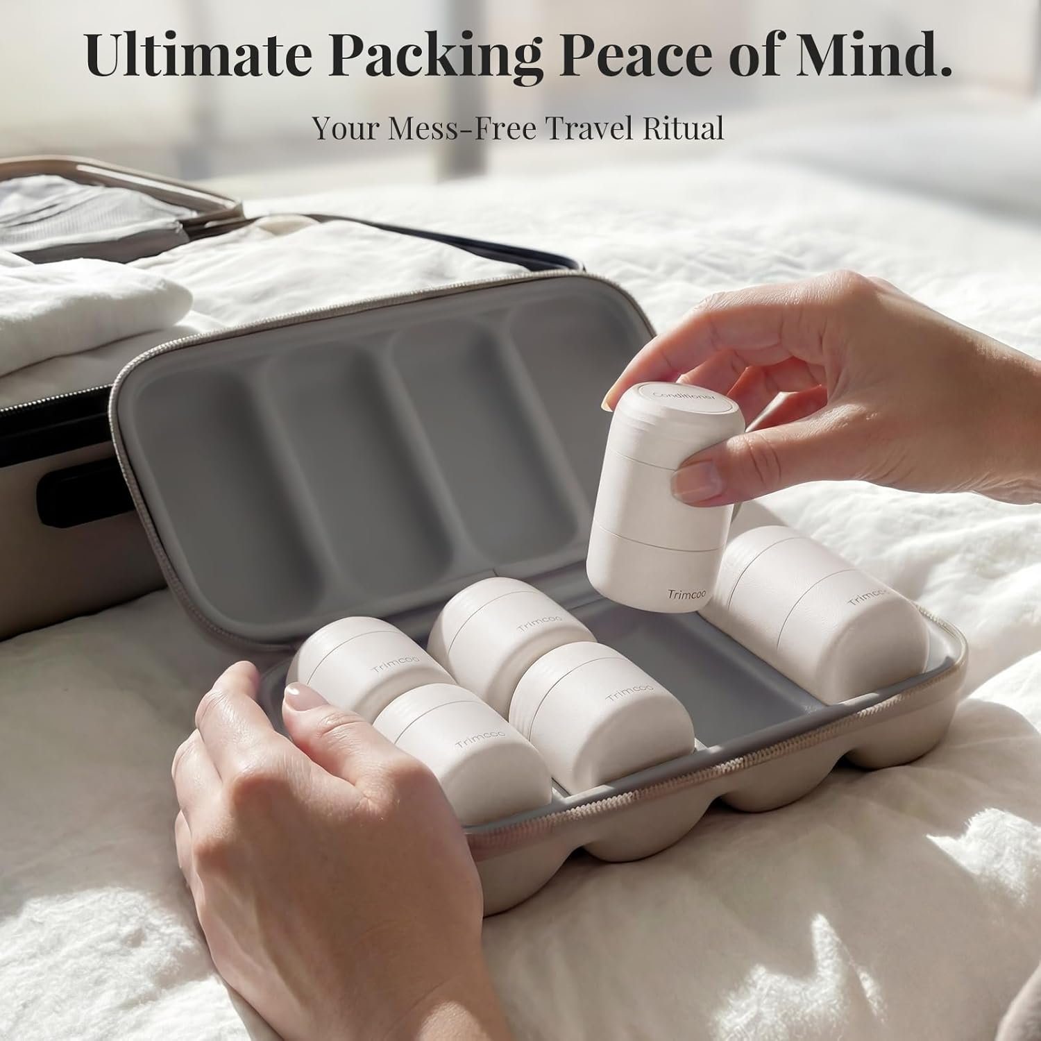 Private Label Travel Toiletry Jar Set 6Pcs Leakproof Travel Containers with Carry Bag Custom Logo Dual PLA Hard Shell Jars for Skincare Lotions Creams 4x30ml 2x60ml 10 Magnetic Labels Manufacturer Beige