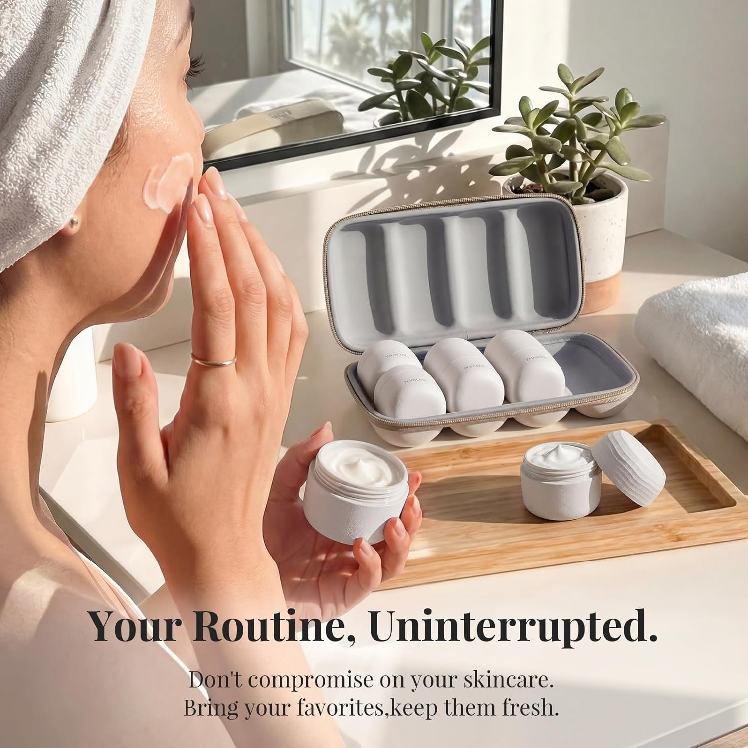 Private Label Travel Toiletry Jar Set 6Pcs Leakproof Travel Containers with Carry Bag Custom Logo Dual PLA Hard Shell Jars for Skincare Lotions Creams 4x30ml 2x60ml 10 Magnetic Labels Manufacturer Beige