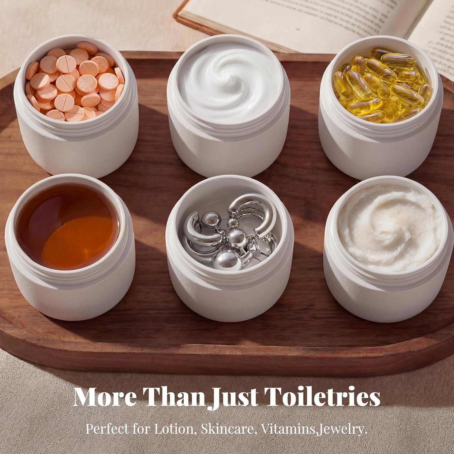 Private Label Travel Toiletry Jar Set 6Pcs Leakproof Travel Containers with Carry Bag Custom Logo Dual PLA Hard Shell Jars for Skincare Lotions Creams 4x30ml 2x60ml 10 Magnetic Labels Manufacturer Beige