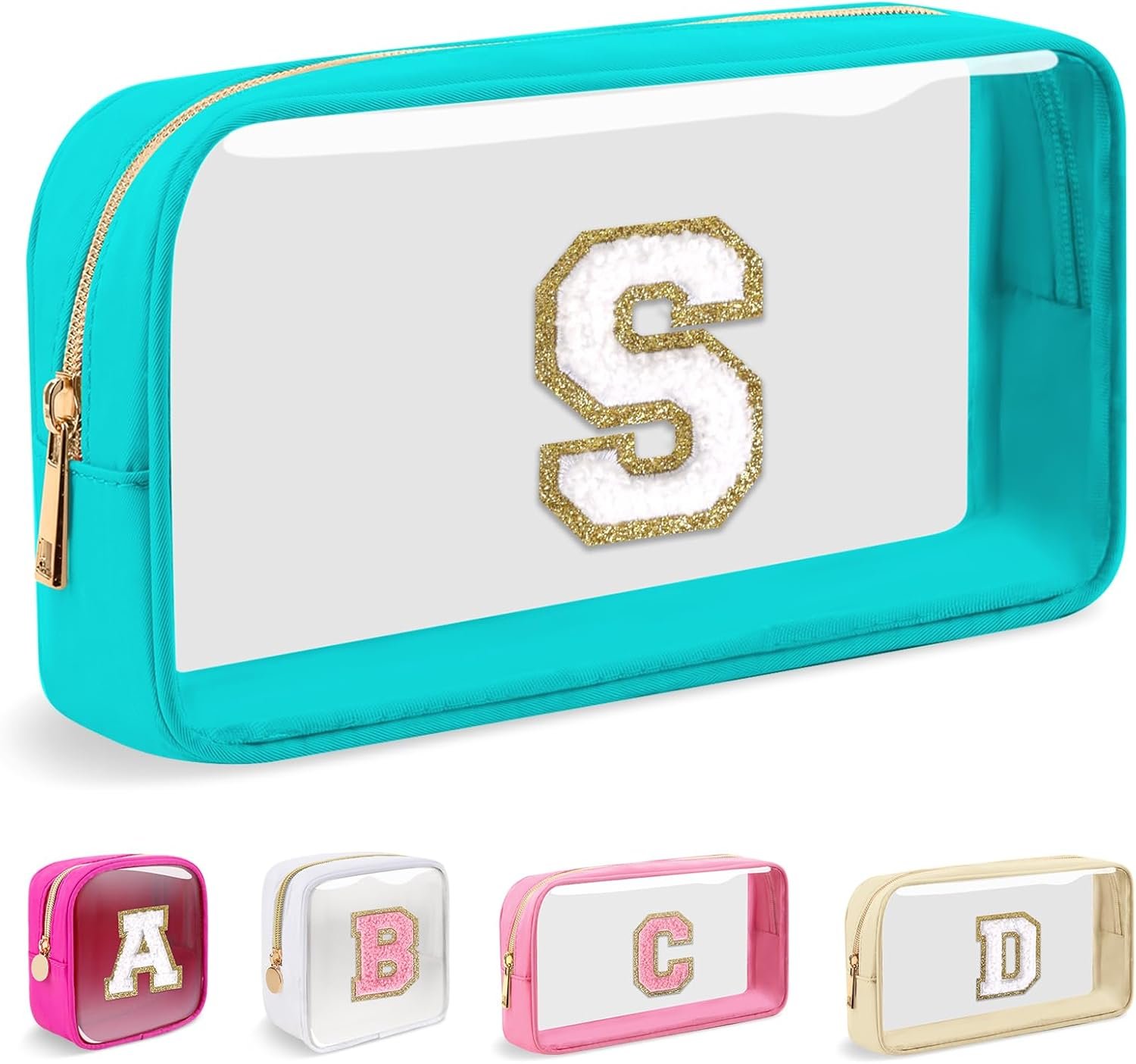 Private Label Small Clear Personalized Initial Makeup Bag Nylon Preppy A-Z Chenille Letter Patch Cosmetic Pouch with Custom Logo Waterproof Zipper Beach Toiletry Travel Purse Storage Organizer Factory for Women Girls (Cyan-White S)