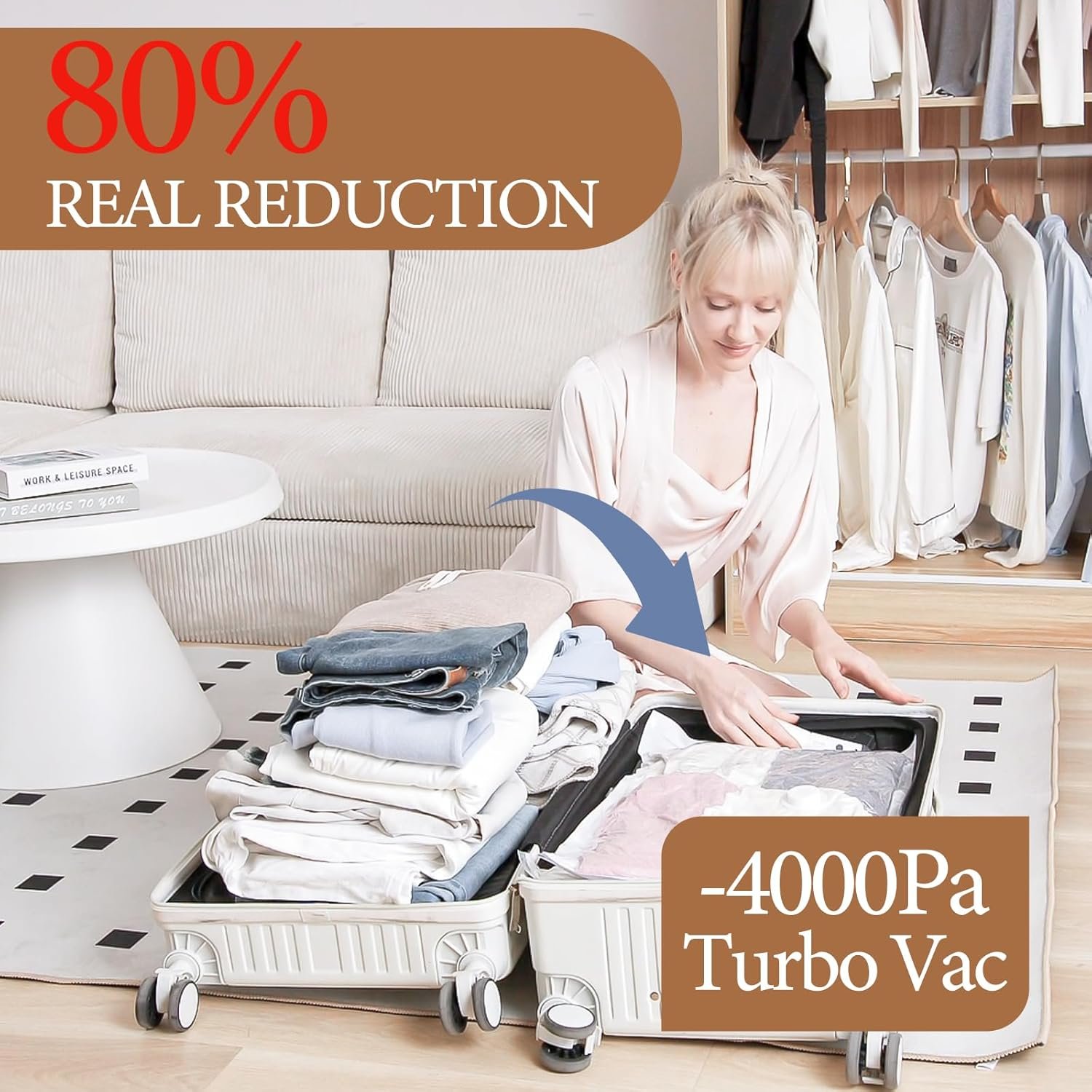 Custom Logo 16 Pack Vacuum Seal Bags for Clothing with Rechargeable Cordless Air Pump (4J+4L+4M+4S) Private Label Space Saver for Blankets Duvets Pillows Comforters Travel Manufacturer