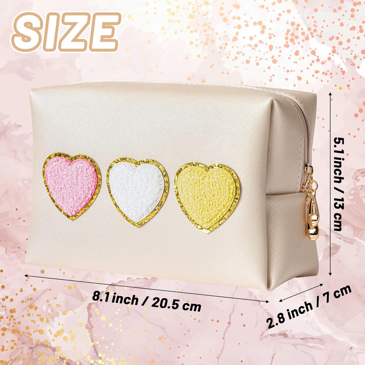 Custom Logo Heart PU Leather Makeup Cosmetic Toiletry Bag Private Label Preppy Patch Portable Waterproof Travel Shower Organizer Manufacturer Teacher Appreciation Birthday Gift for Women Girls