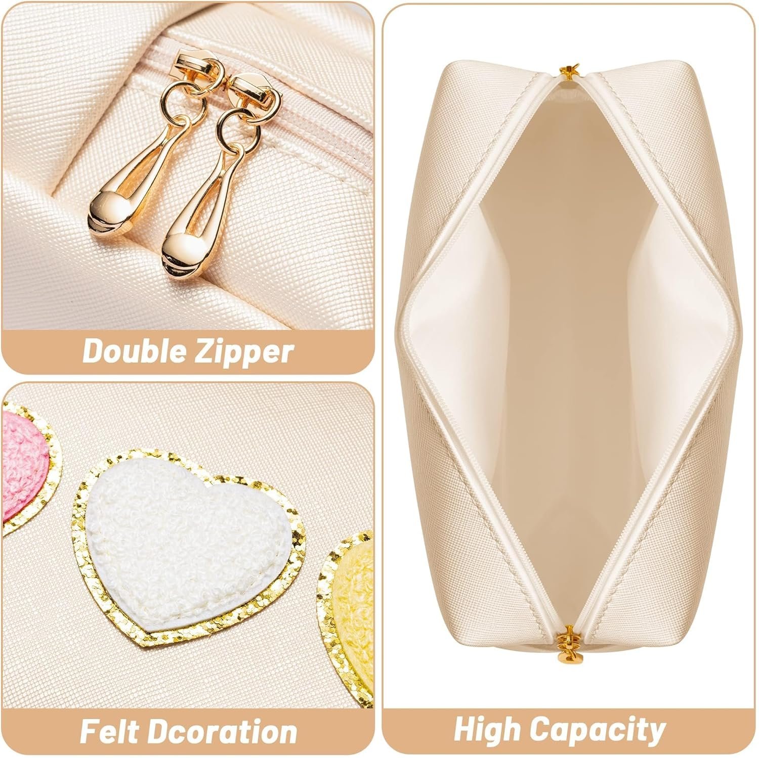 Custom Logo Heart PU Leather Makeup Cosmetic Toiletry Bag Private Label Preppy Patch Portable Waterproof Travel Shower Organizer Manufacturer Teacher Appreciation Birthday Gift for Women Girls