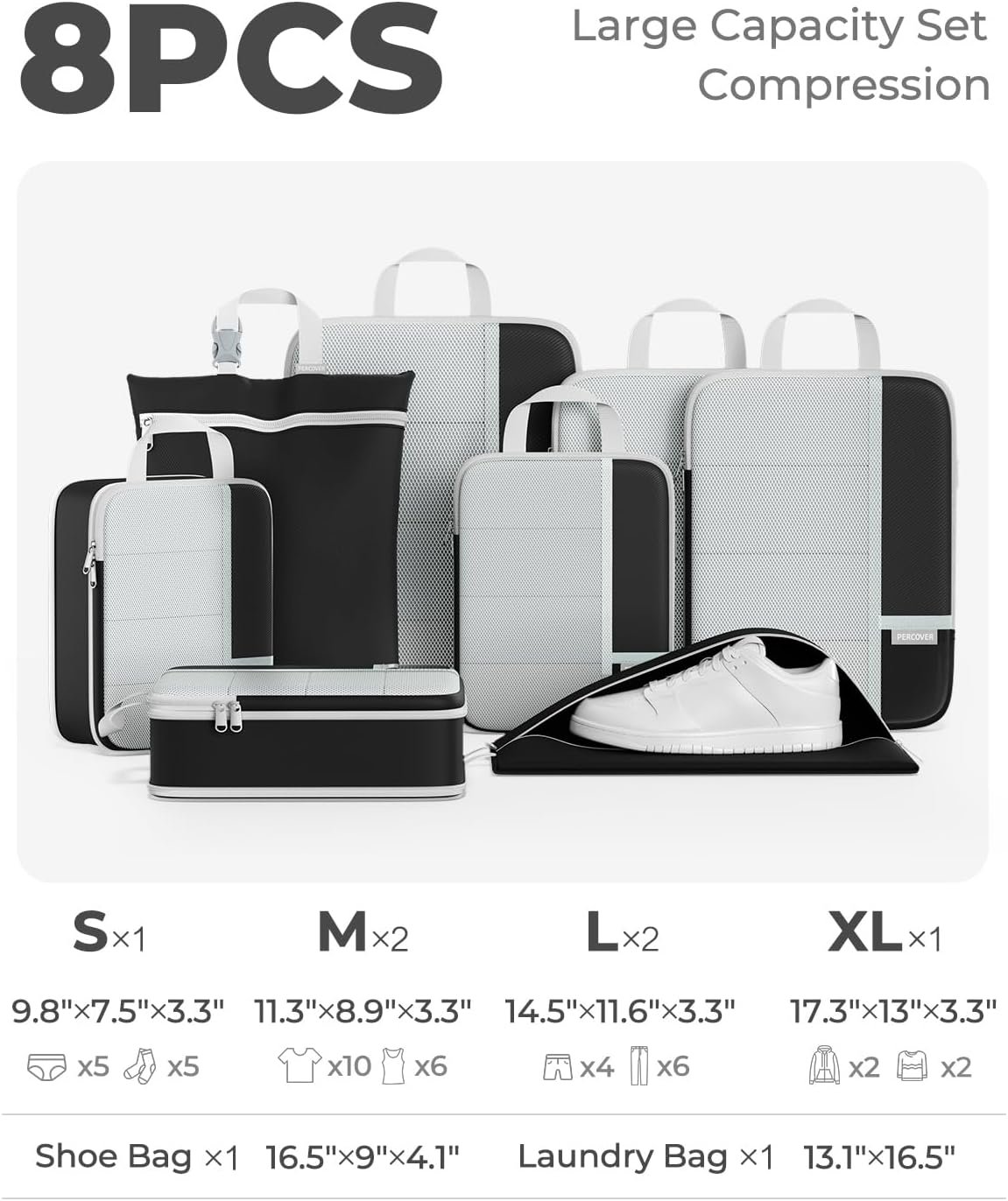 Private Label Compression Packing Cubes 8-Piece Set, Custom Logo Travel Organizer with Laundry Bag & Shoe Bag for Carry On & Checked Luggage by Manufacturer, Black