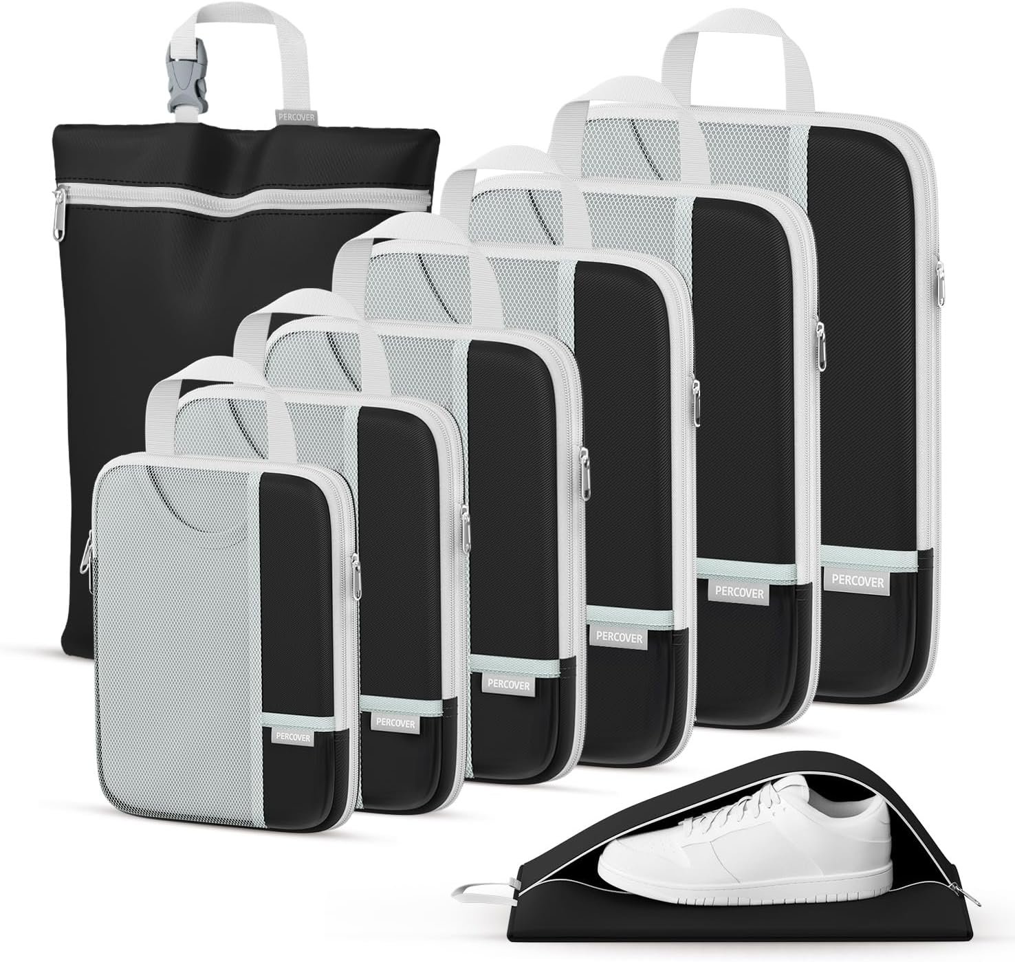 Private Label Compression Packing Cubes 8-Piece Set, Custom Logo Travel Organizer with Laundry Bag & Shoe Bag for Carry On & Checked Luggage by Manufacturer, Black