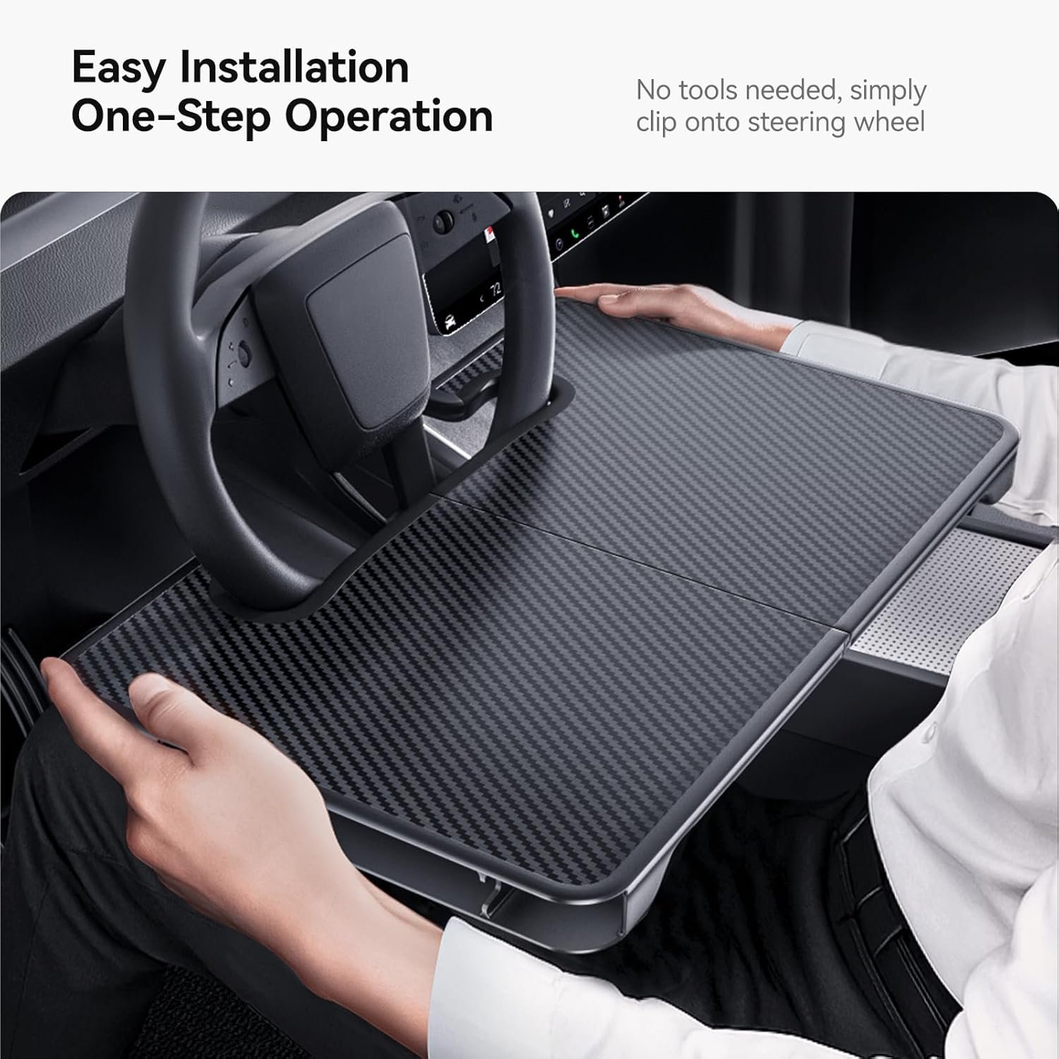 Private Label 2-in-1 Car Steering Wheel Desk Tray & Car Seat Gap Filler Organizer – Custom Logo Foldable Carbon Fiber Look Table for Laptop Eating Food Writing – for Standard Round Steering Wheels from Factory