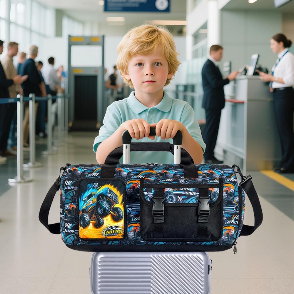 Private Label Kids Duffel Bag for Boys Toddlers Truck Travel Overnight Weekender Gym Sports with Shoe Compartment Manufacturer Custom Logo (Black)