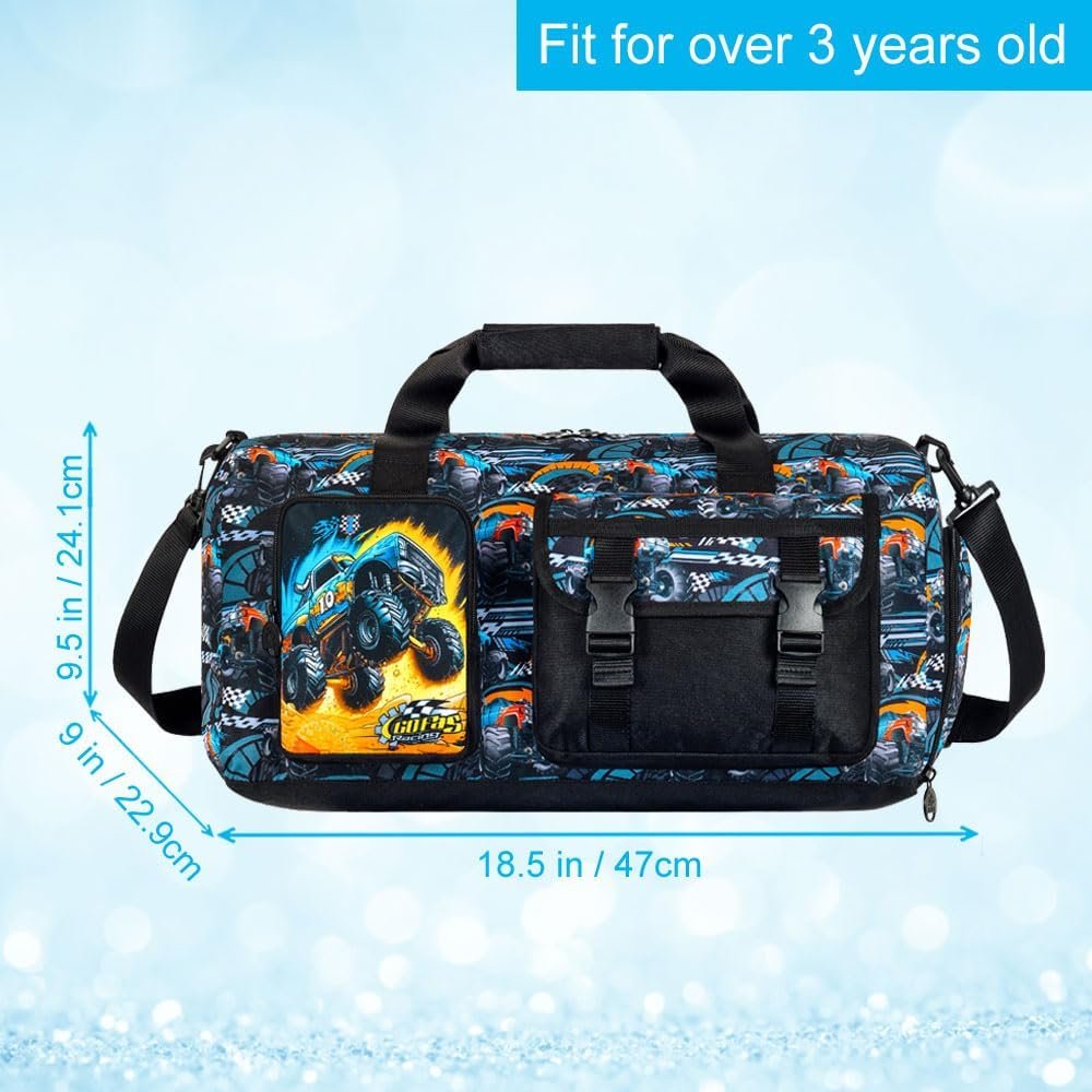 Private Label Kids Duffel Bag for Boys Toddlers Truck Travel Overnight Weekender Gym Sports with Shoe Compartment Manufacturer Custom Logo (Black)