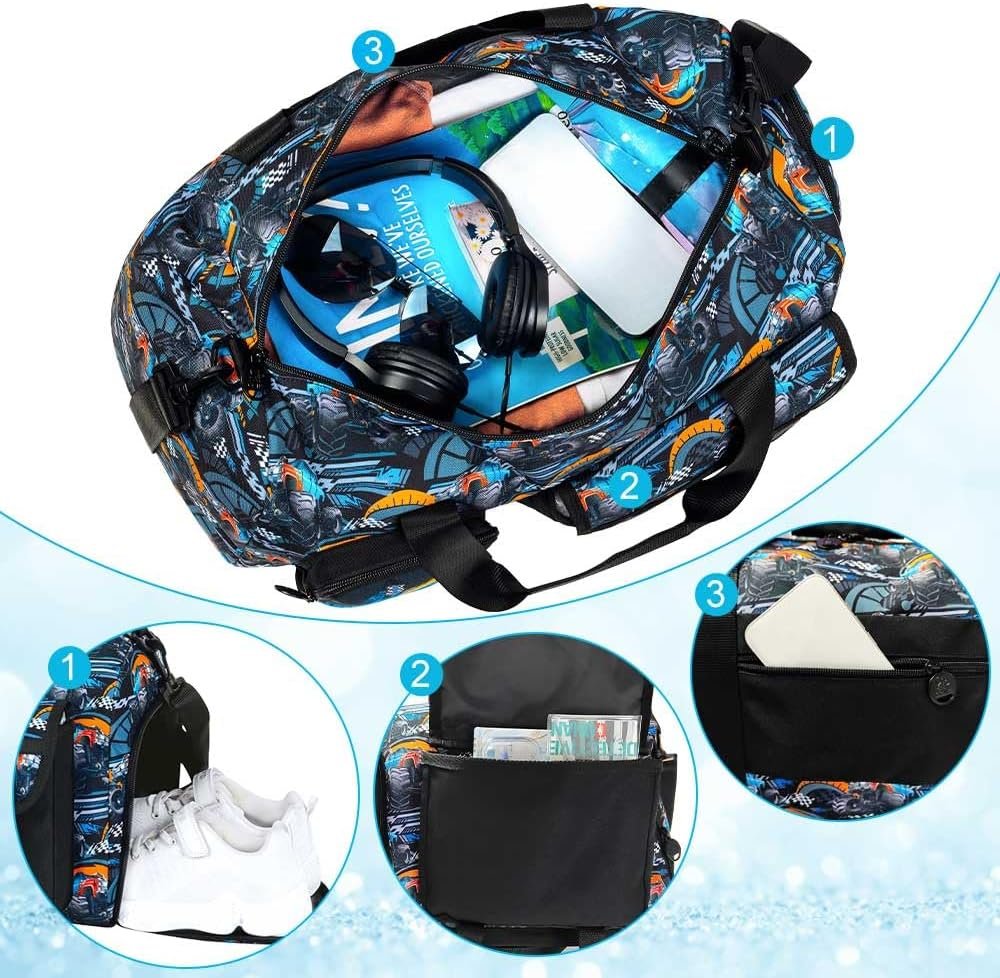 Private Label Kids Duffel Bag for Boys Toddlers Truck Travel Overnight Weekender Gym Sports with Shoe Compartment Manufacturer Custom Logo (Black)