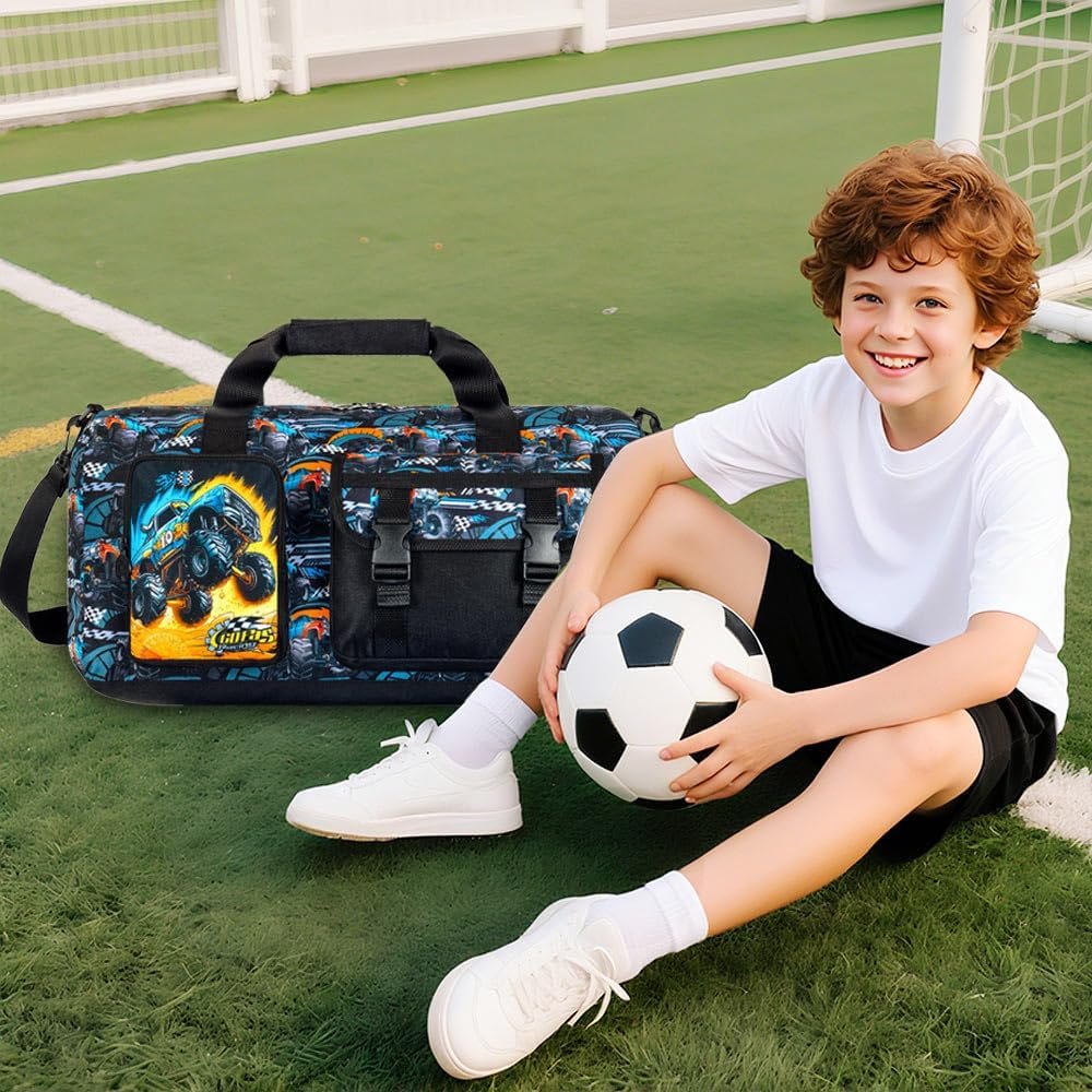 Private Label Kids Duffel Bag for Boys Toddlers Truck Travel Overnight Weekender Gym Sports with Shoe Compartment Manufacturer Custom Logo (Black)