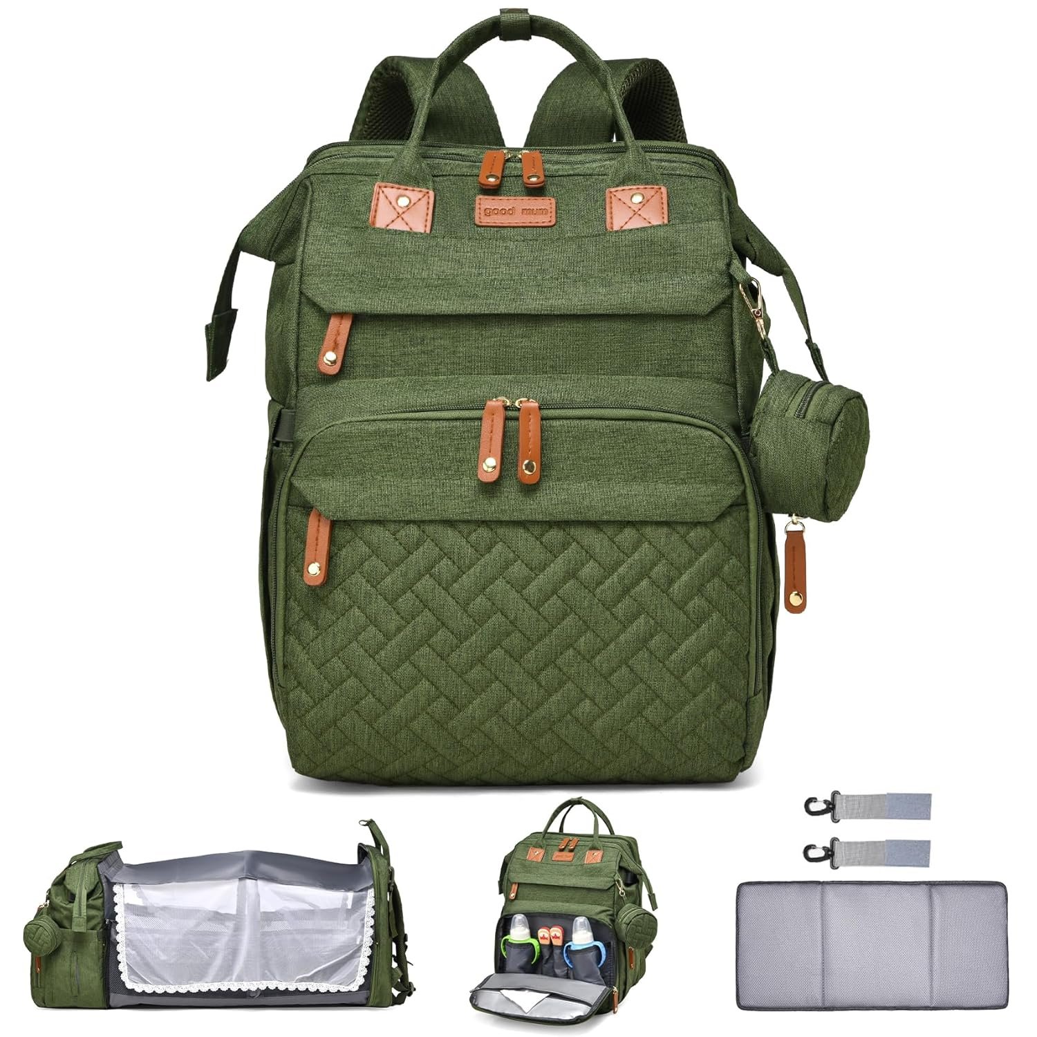 Custom Logo Multifunctional Waterproof Baby Diaper Bag Backpack with Changing Station Changing Pad Pacifier Case Private Label Travel Baby Essentials from Factory Army Green