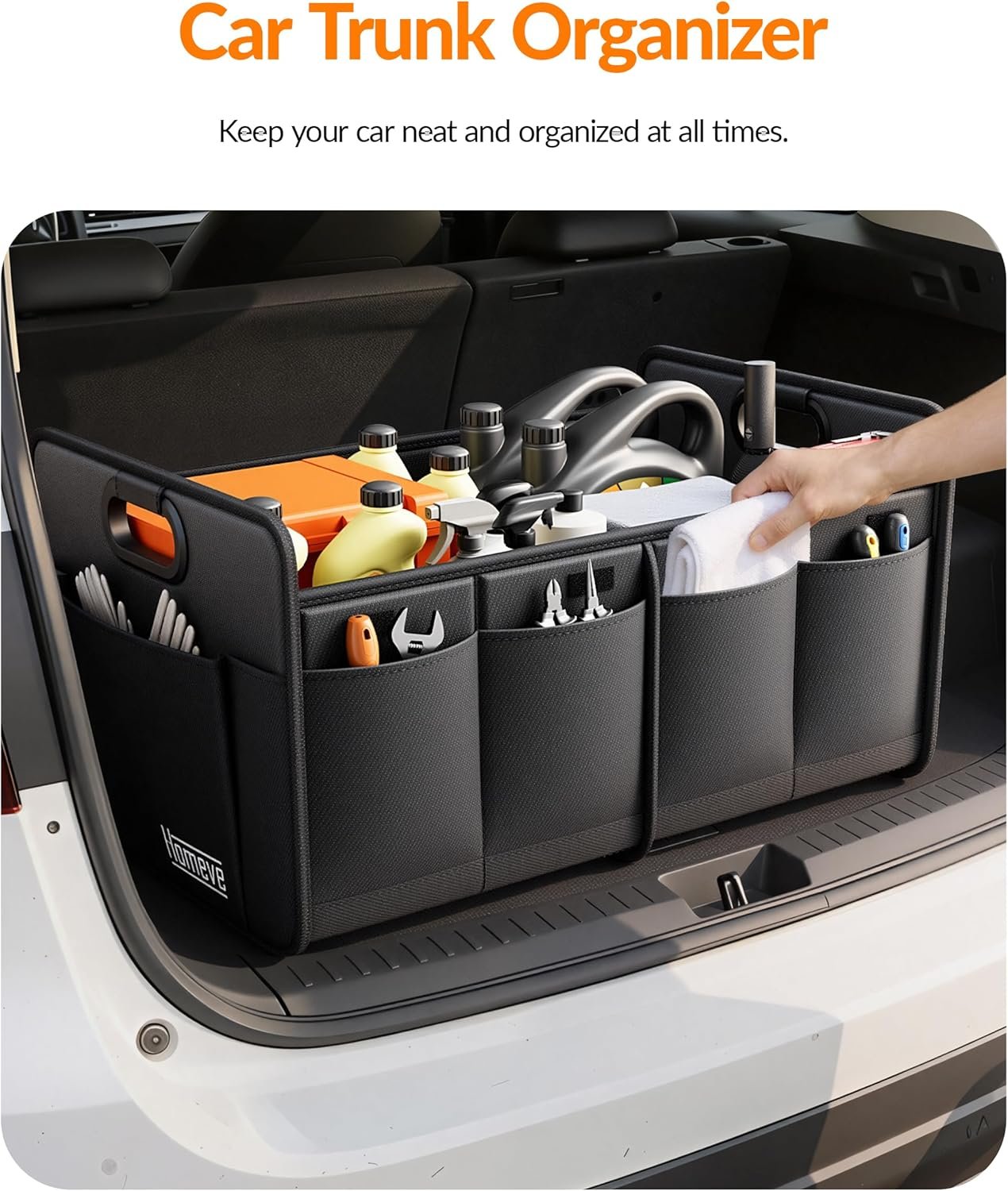 Custom Logo Trunk Organizer, Private Label Reinforced Handles Collapsible 2-Compartment Car Storage, Foldable Waterproof Sturdy 600D Oxford Polyester for SUV Mini-Van, Black Manufacturer Custom Logo Trunk Organizer, Private Label Reinforced Handles Collapsible 2-Compartment Car Storage, Foldable Waterproof Sturdy 600D Oxford Polyester for SUV Mini-Van, Black Manufacturer