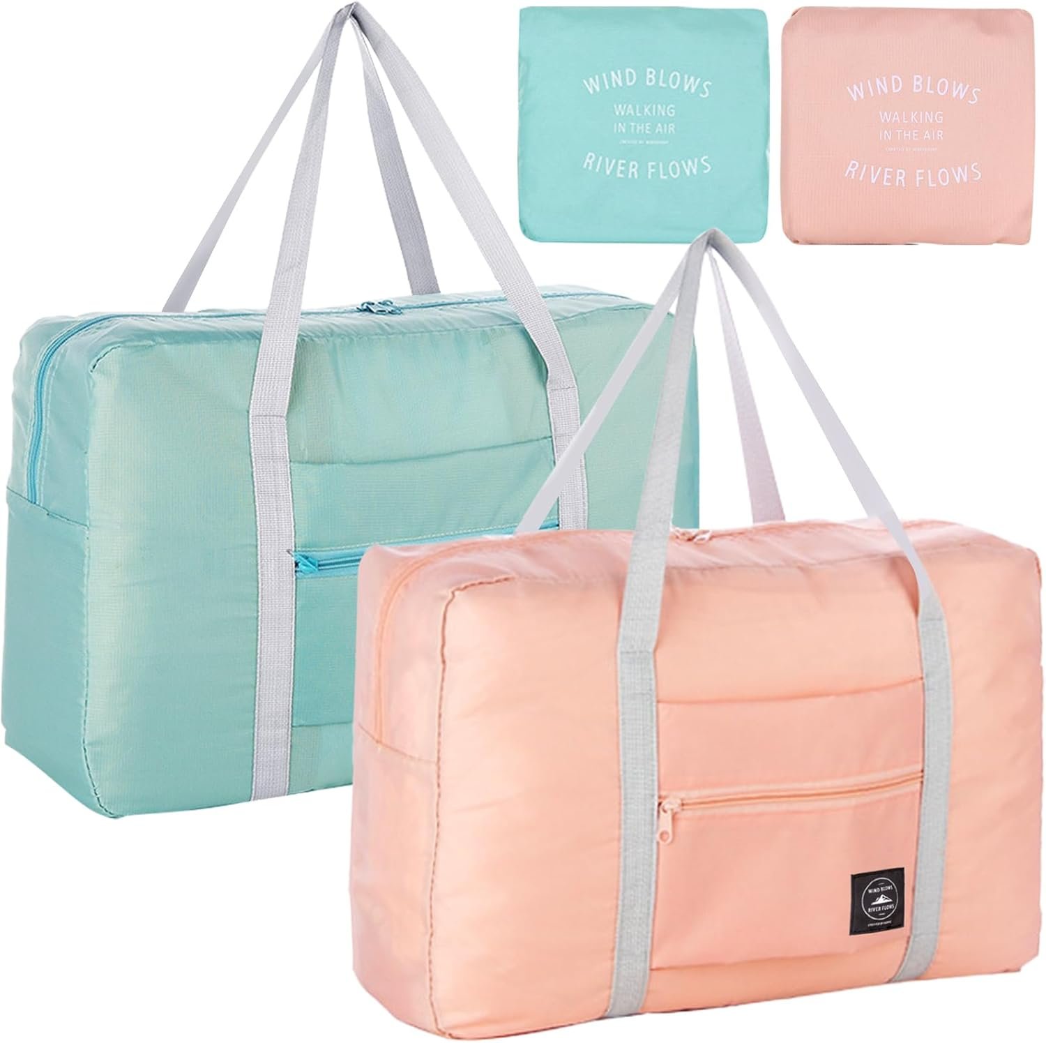 Private Label Foldable Travel Duffel Bag 2PCS Tote Carry On Personal Item Sports Gym Water Resistant Weekender Overnight Bags Custom Logo for Women and Men Manufacturer Green+Pink