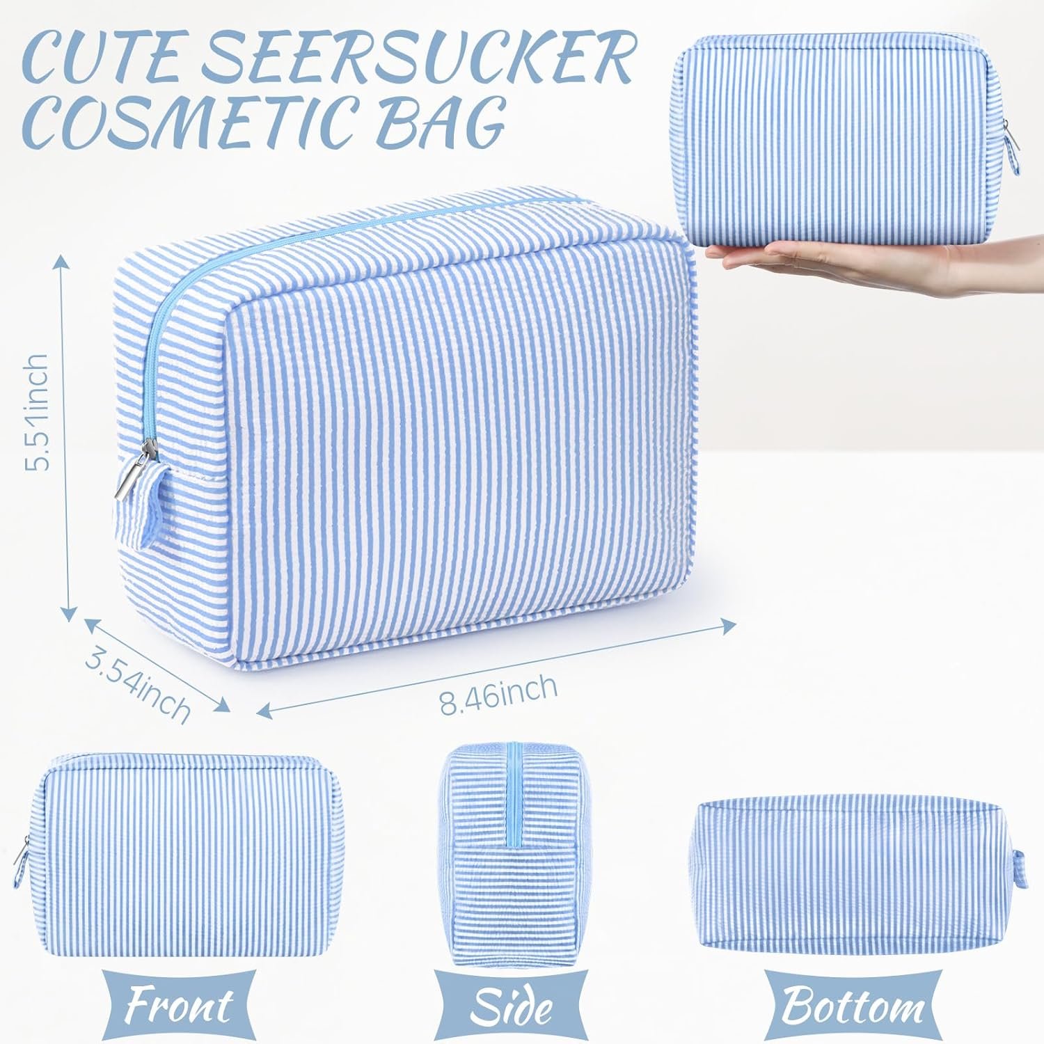 Custom Logo 3 Pcs Seersucker Striped Large Makeup Cosmetic Bags for Women Travel Toiletry Organizer Preppy Private Label Storage Pouch for Embroidery Wedding Bridesmaid Gifts Manufacturer (Light Blue)