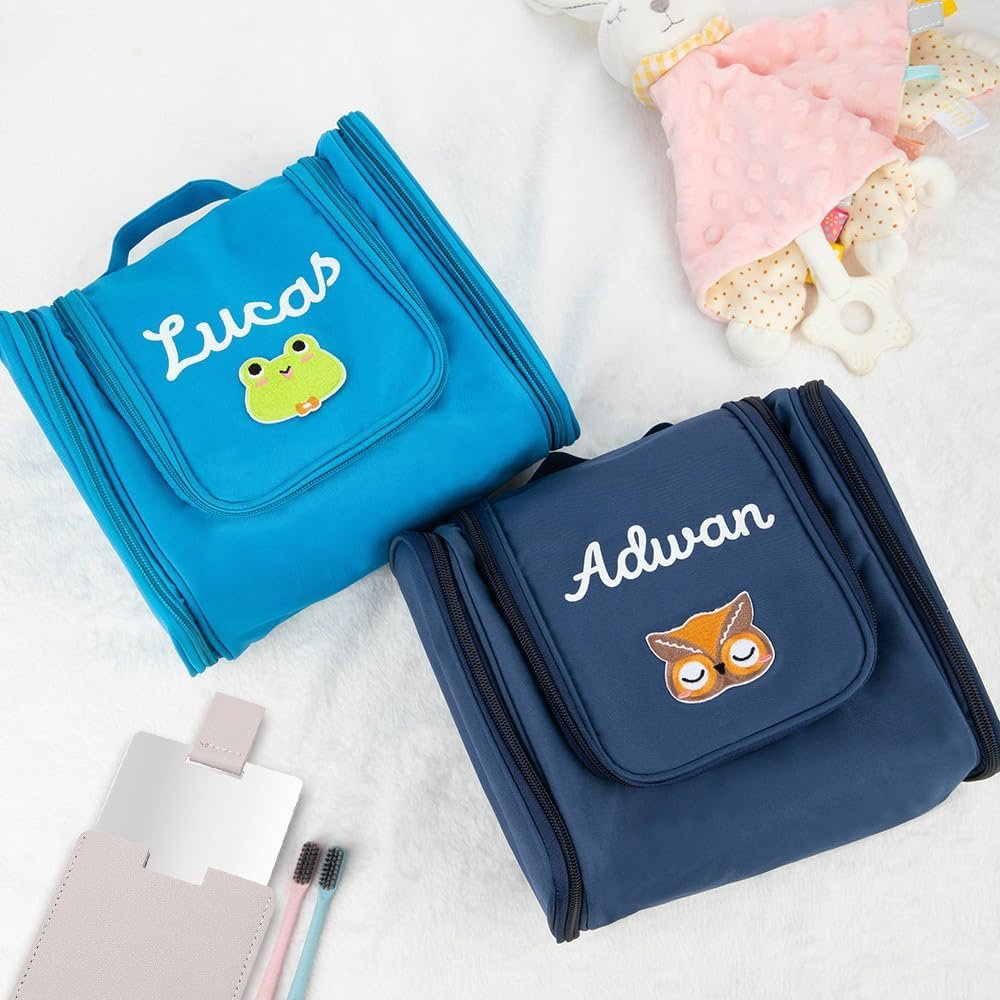 Custom Logo Small Hanging Kids Toiletry Bag with Mirror Personalized Name Animal Patch Private Label for Boys Girls Manufacturer 9.45×4.13×7.87INCH