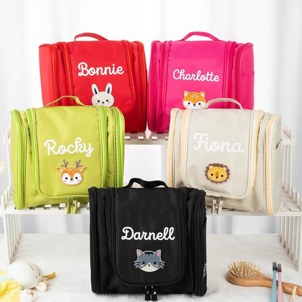 Custom Logo Small Hanging Kids Toiletry Bag with Mirror Personalized Name Animal Patch Private Label for Boys Girls Manufacturer 9.45×4.13×7.87INCH