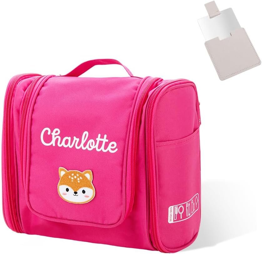 Custom Logo Small Hanging Kids Toiletry Bag with Mirror Personalized Name Animal Patch Private Label for Boys Girls Manufacturer 9.45×4.13×7.87INCH